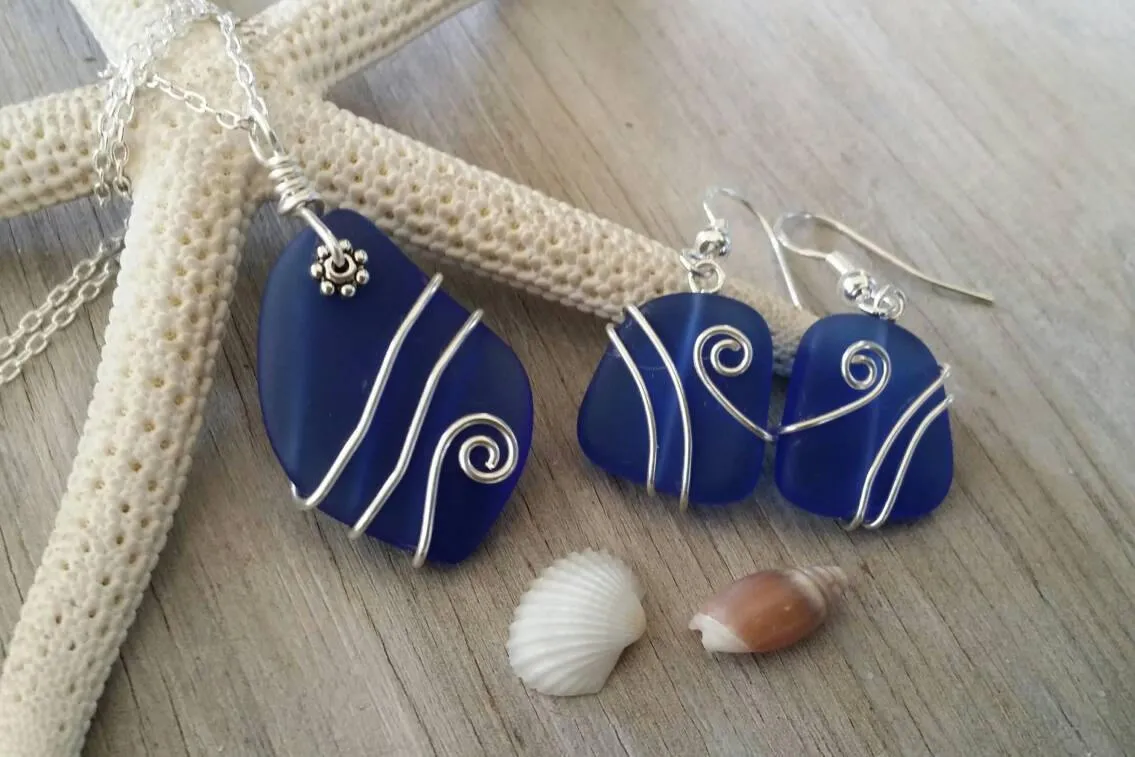 Handmade in Hawaii, Wire wrapped cobalt blue sea glass necklace   earrings jewelry set,925 sterling silver chain, gift box, wedding gift