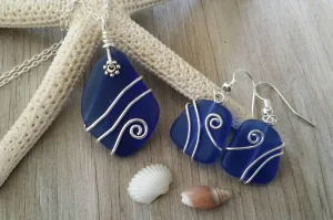 Handmade in Hawaii, Wire wrapped cobalt blue sea glass necklace   earrings jewelry set,925 sterling silver chain, gift box, wedding gift