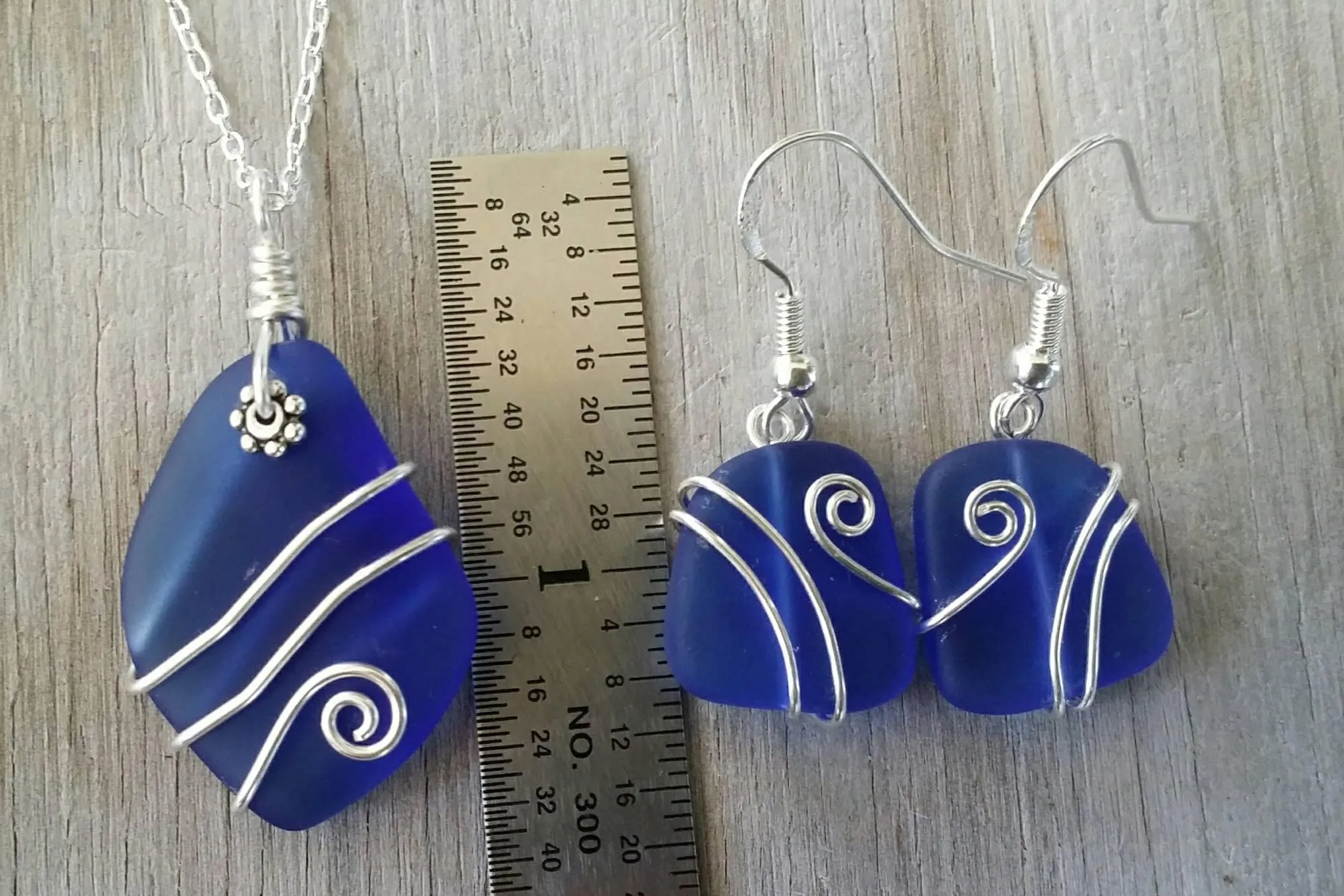 Handmade in Hawaii, Wire wrapped cobalt blue sea glass necklace   earrings jewelry set,925 sterling silver chain, gift box, wedding gift