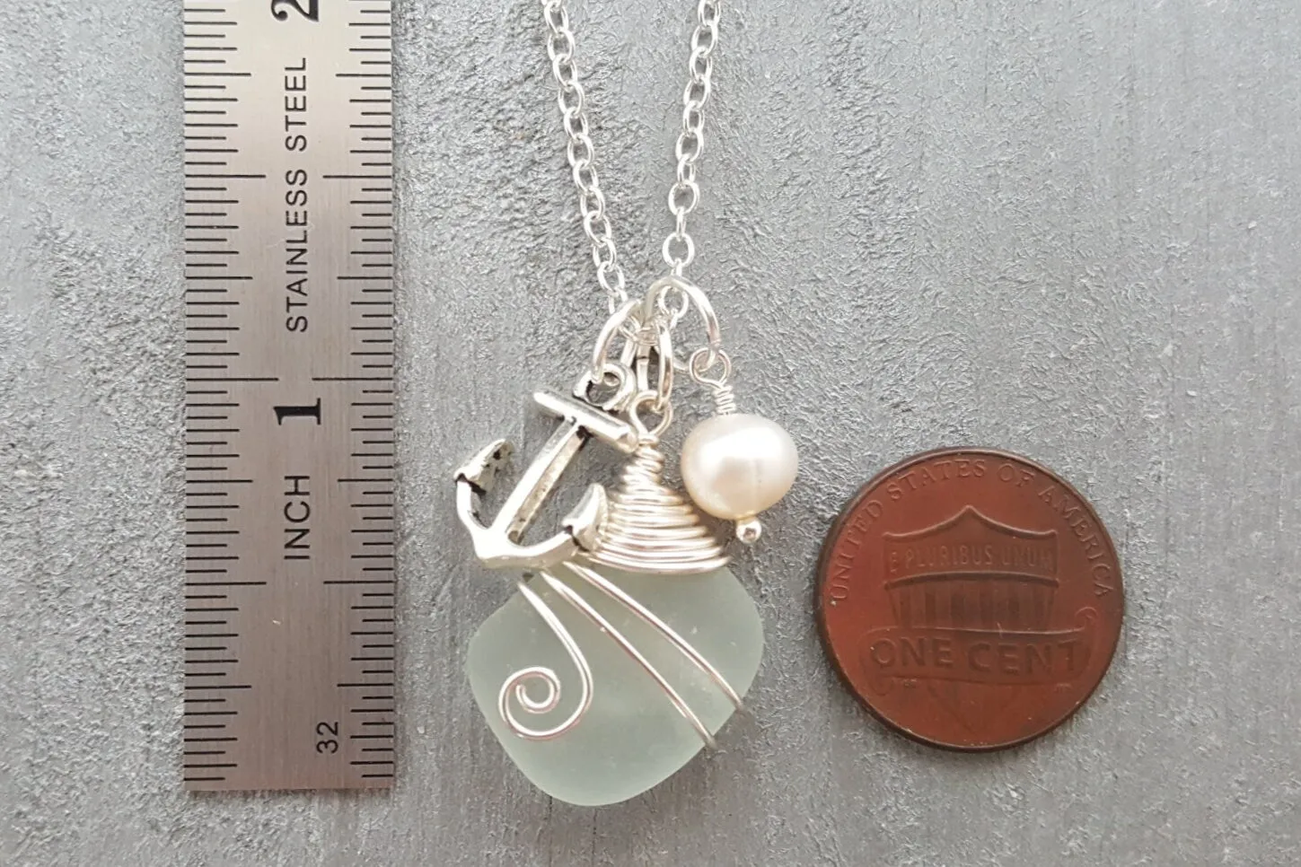 Handmade in Hawaii, Wire wrapped Genuine Hawaii surf tumbled natural sea glass necklace. Anchor charm, Fresh water pearl