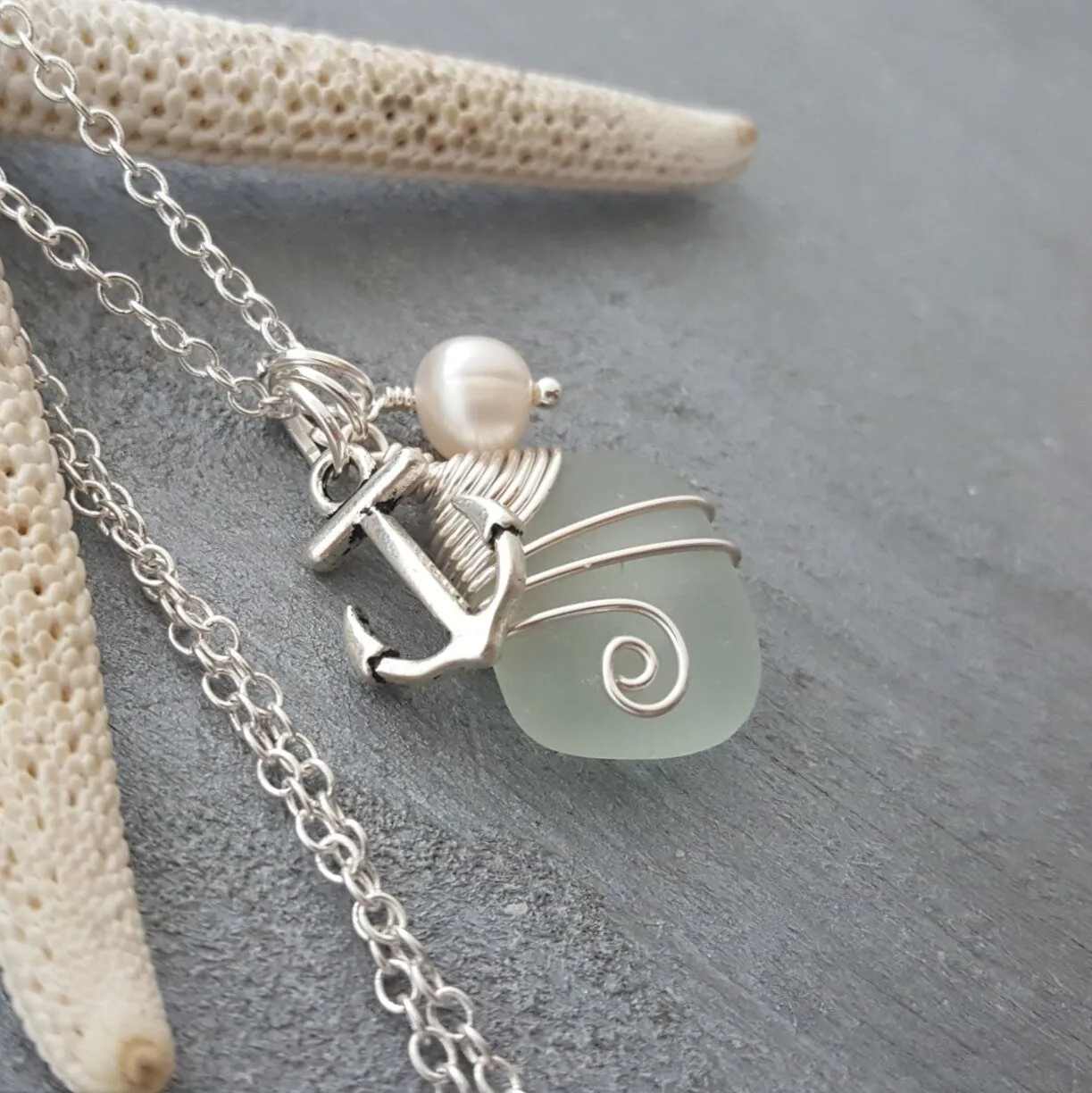 Handmade in Hawaii, Wire wrapped Genuine Hawaii surf tumbled natural sea glass necklace. Anchor charm, Fresh water pearl