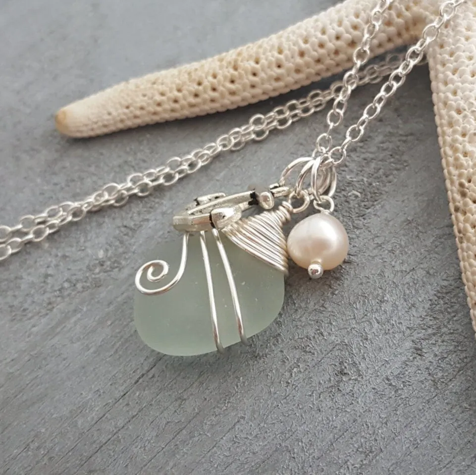 Handmade in Hawaii, Wire wrapped Genuine Hawaii surf tumbled natural sea glass necklace. Anchor charm, Fresh water pearl