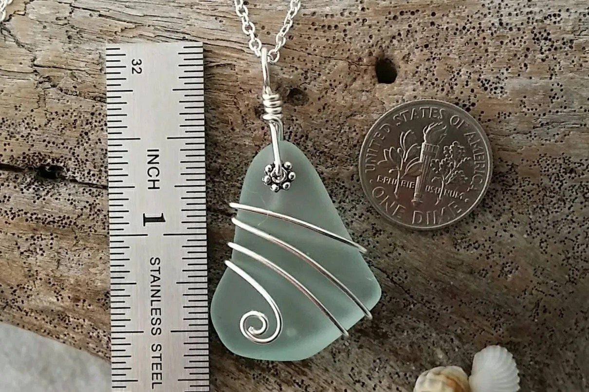 Handmade in Hawaii, wire wrapped Seafoam sea glass necklace, 20 inch   gift box.Hawaii jewelry gift.