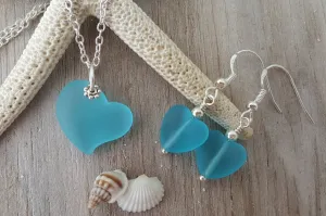 Handmade in Hawaii,"Full of Heart" sea glass necklace   earrings jewelry set,   gift box, Mother's Day gift