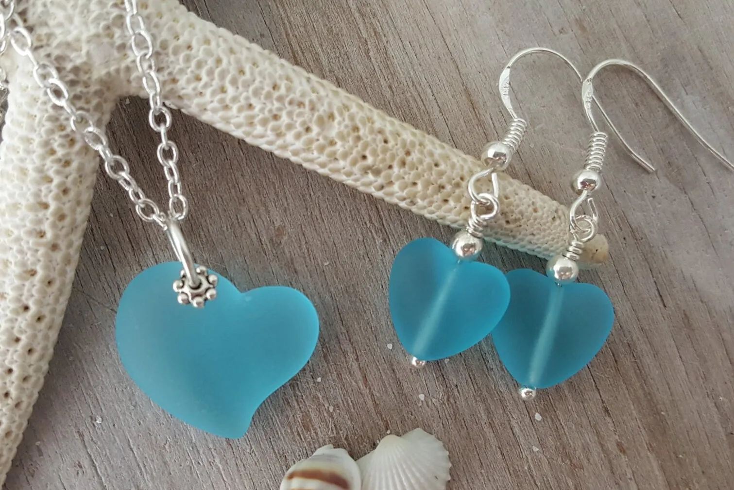 Handmade in Hawaii,"Full of Heart" sea glass necklace   earrings jewelry set,   gift box, Mother's Day gift