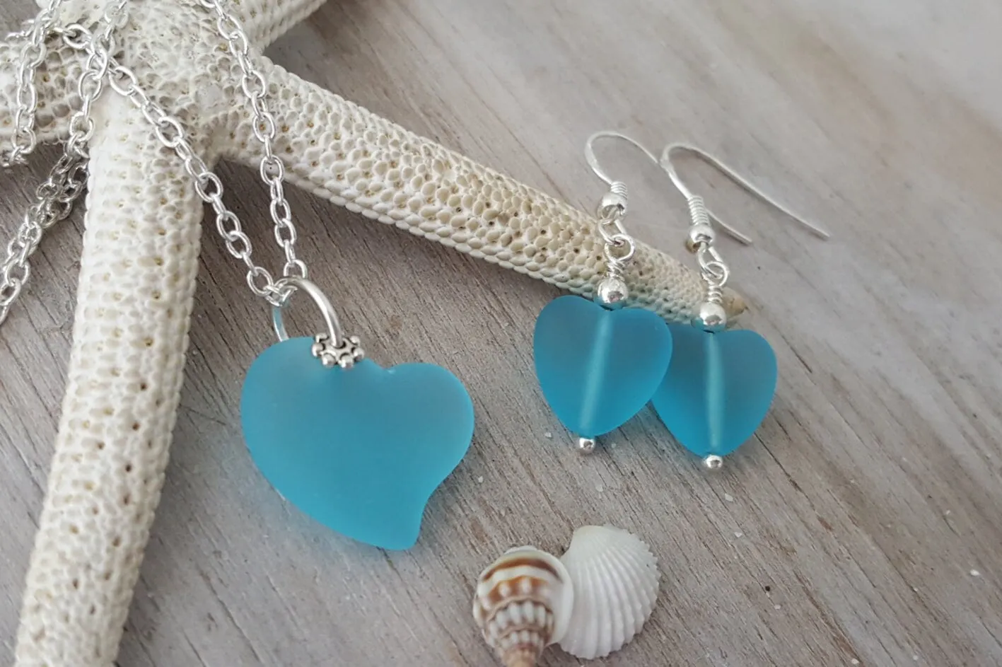 Handmade in Hawaii,"Full of Heart" sea glass necklace   earrings jewelry set,   gift box, Mother's Day gift