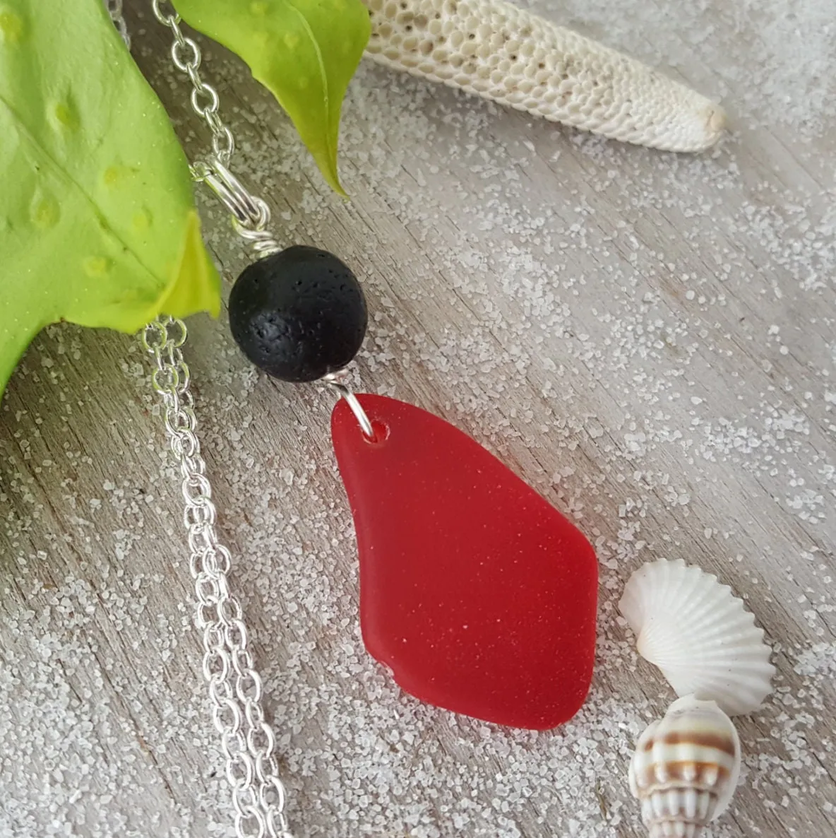 Hawaii Volcanic Eruption with "Lava and Fire" jewelry,  Lava Rock and Red Sea Glass necklace,   FREE gift wrap