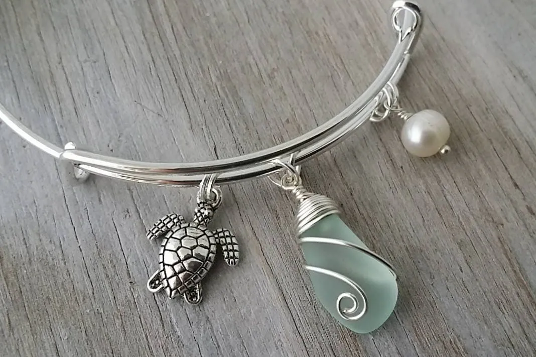 Hawaiian Jewelry Sea Glass Bracelet, Seafoam Bracelet Pearl Turtle Bracelet Sea Glass Jewelry For Women, Beach Bracelet For Beachy Girls