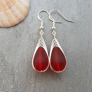 Hawaiian Jewelry Sea Glass Earrings, Braide Ruby Earrings Red Earrings Teardrop Earrings, Sea Glass Jewelry Birthday Gift (July Birthstone)