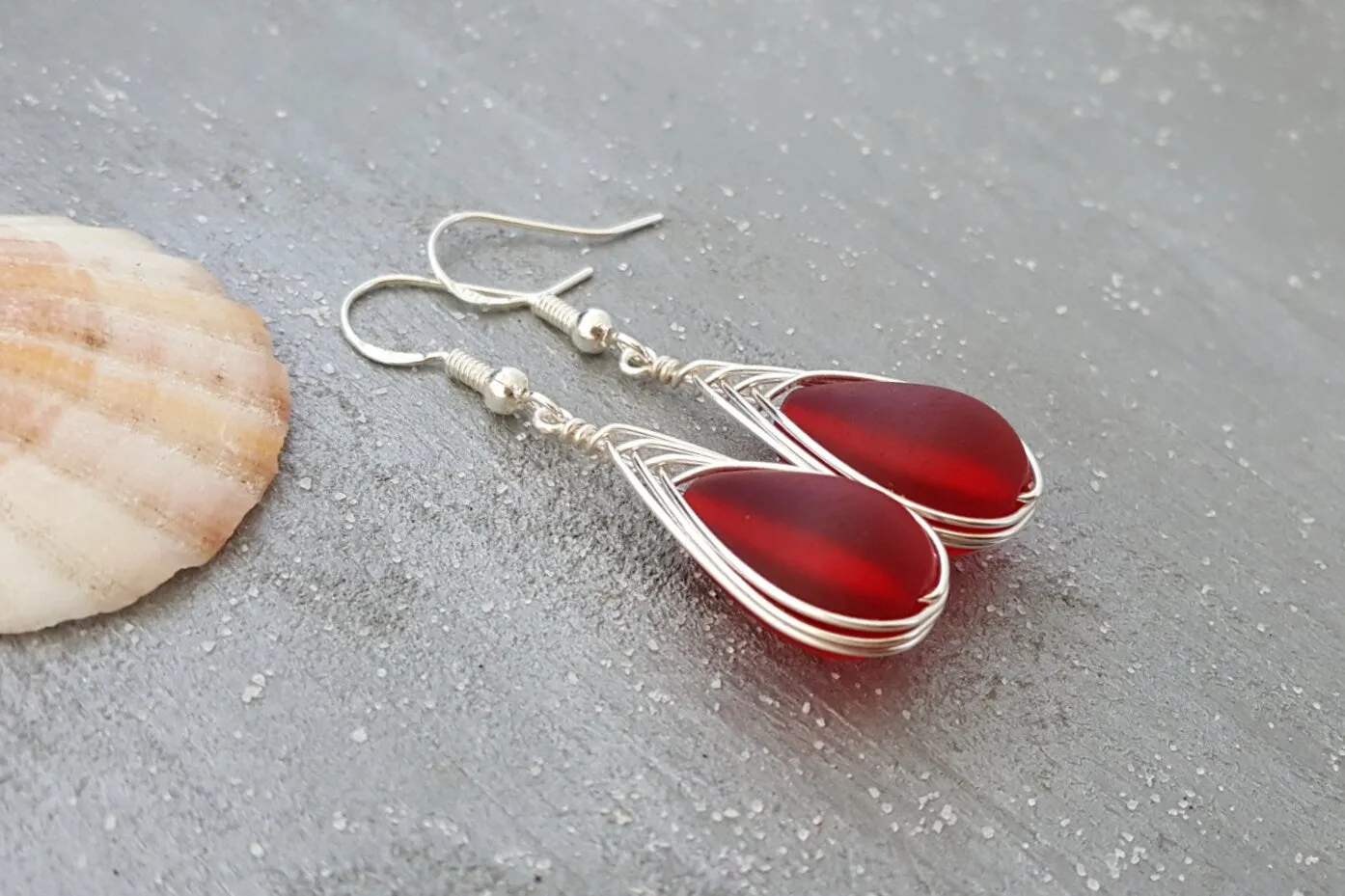 Hawaiian Jewelry Sea Glass Earrings, Braide Ruby Earrings Red Earrings Teardrop Earrings, Sea Glass Jewelry Birthday Gift (July Birthstone)