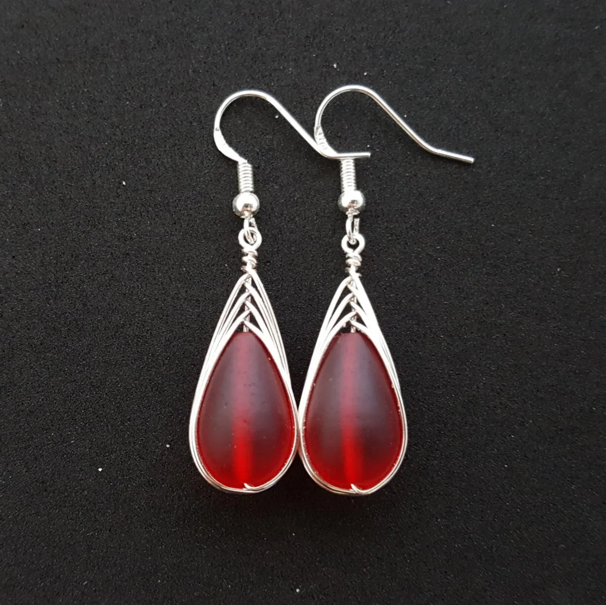 Hawaiian Jewelry Sea Glass Earrings, Braide Ruby Earrings Red Earrings Teardrop Earrings, Sea Glass Jewelry Birthday Gift (July Birthstone)