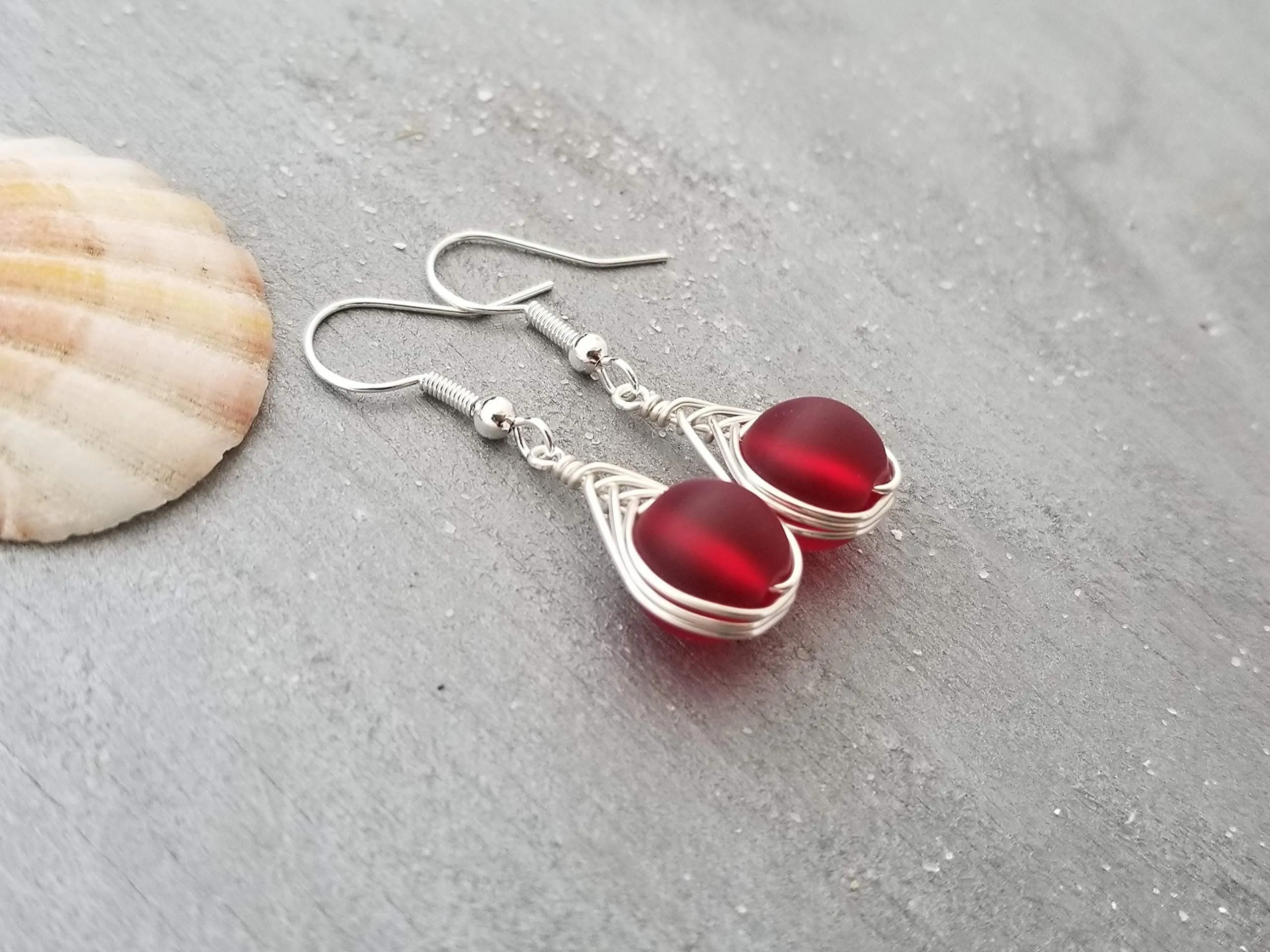 Hawaiian Jewelry Sea Glass Earrings, Braided Small Round Red Earrings, Sea Glass Jewelry Birthday Gift For Girl(January Birthstone Jewelry)