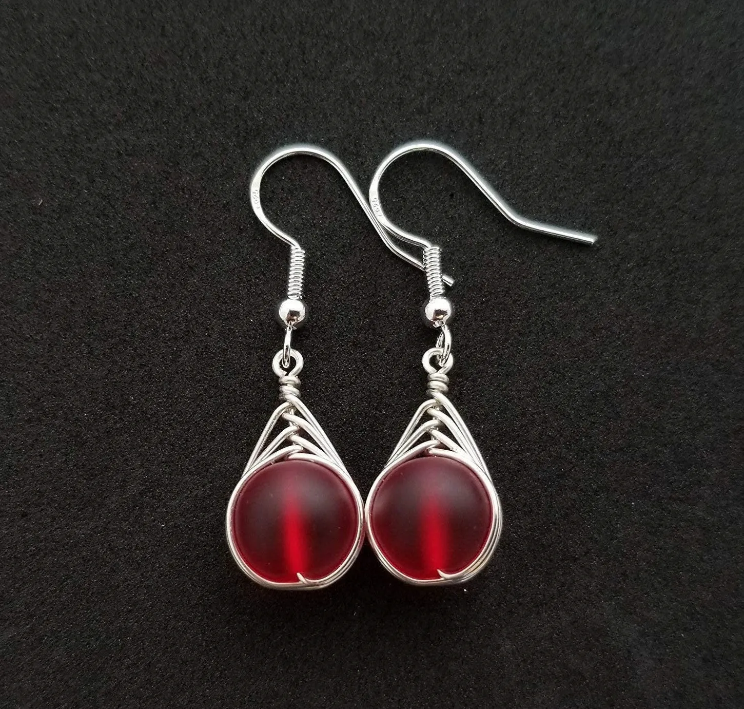 Hawaiian Jewelry Sea Glass Earrings, Braided Small Round Red Earrings, Sea Glass Jewelry Birthday Gift For Girl(January Birthstone Jewelry)