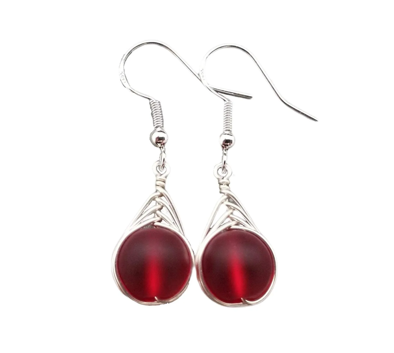 Hawaiian Jewelry Sea Glass Earrings, Braided Small Round Red Earrings, Sea Glass Jewelry Birthday Gift For Girl(January Birthstone Jewelry)