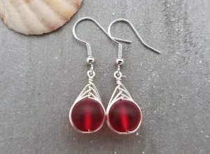 Hawaiian Jewelry Sea Glass Earrings, Braided Small Round Red Earrings, Sea Glass Jewelry Birthday Gift For Girl(January Birthstone Jewelry)