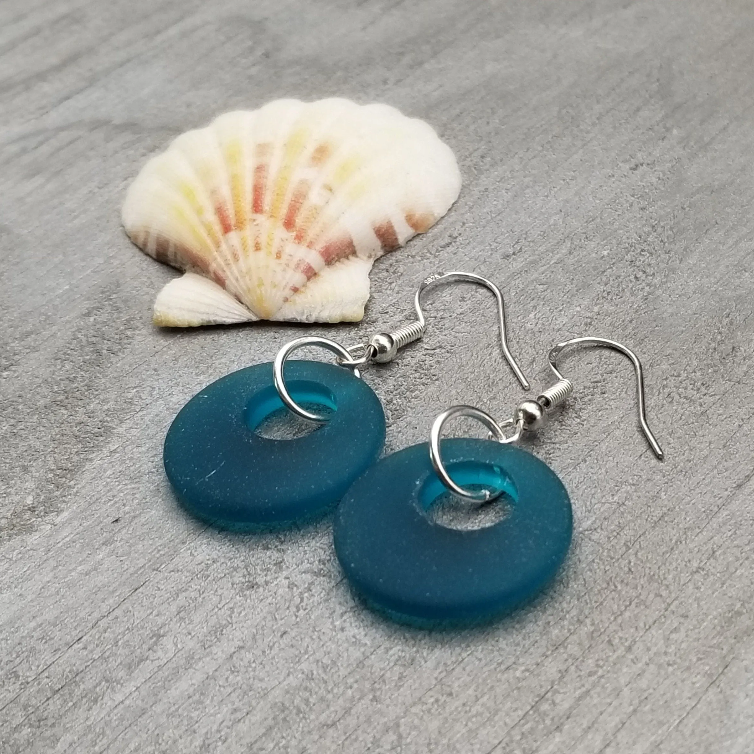 Hawaiian Jewelry Sea Glass Earrings, Circle Minimalist Jewelry Teal Earrings, Beach Sea Glass Birthday Gift