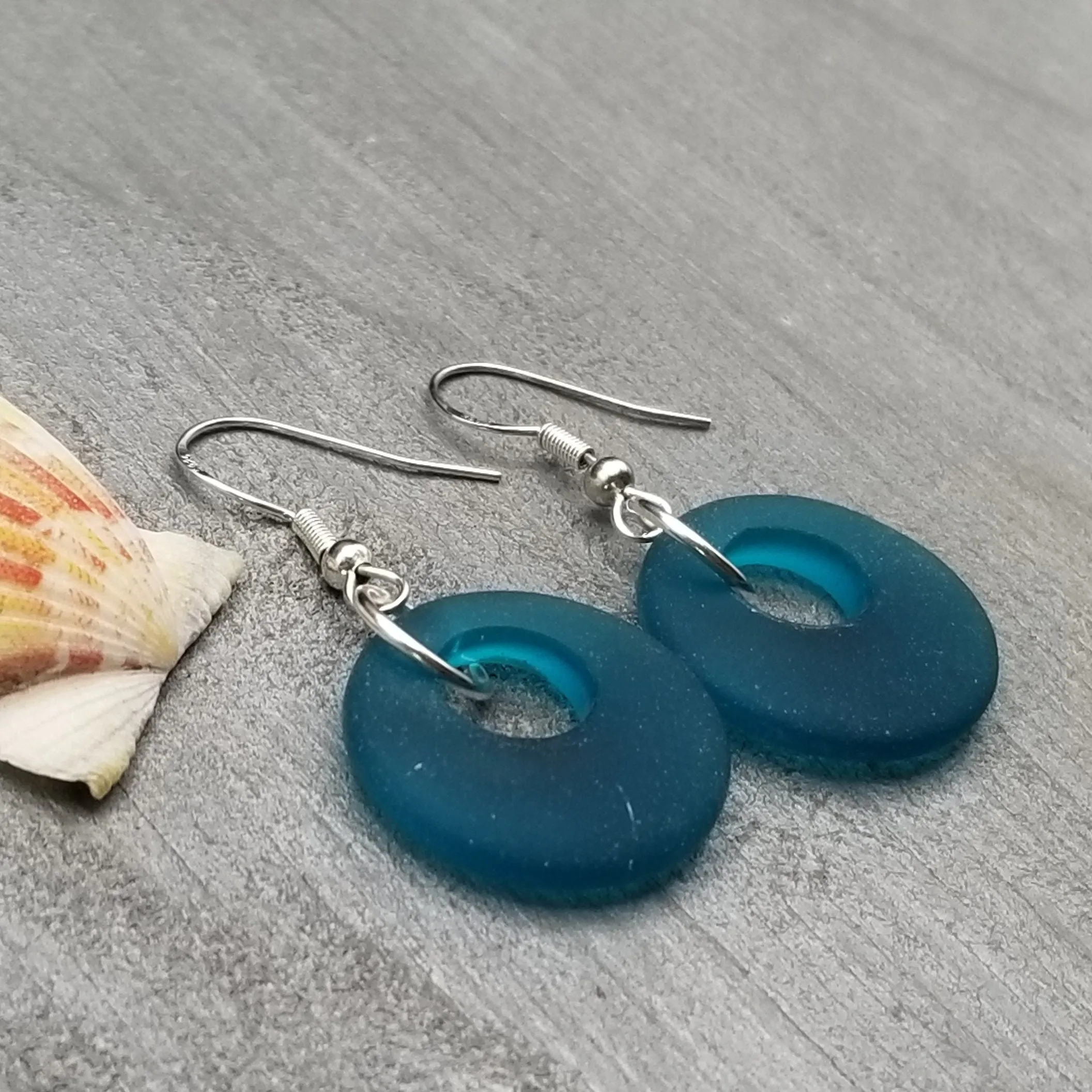 Hawaiian Jewelry Sea Glass Earrings, Circle Minimalist Jewelry Teal Earrings, Beach Sea Glass Birthday Gift
