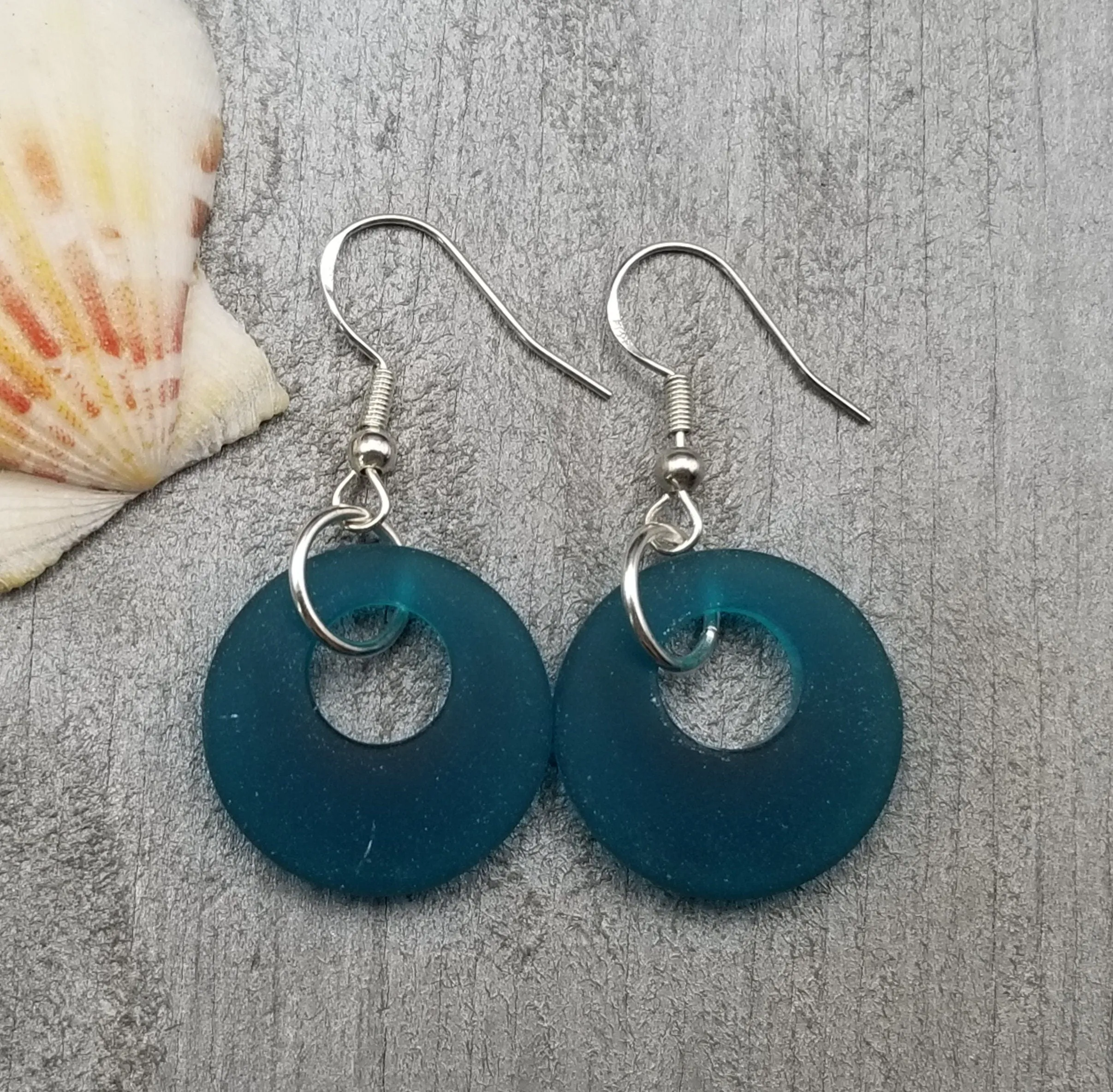 Hawaiian Jewelry Sea Glass Earrings, Circle Minimalist Jewelry Teal Earrings, Beach Sea Glass Birthday Gift