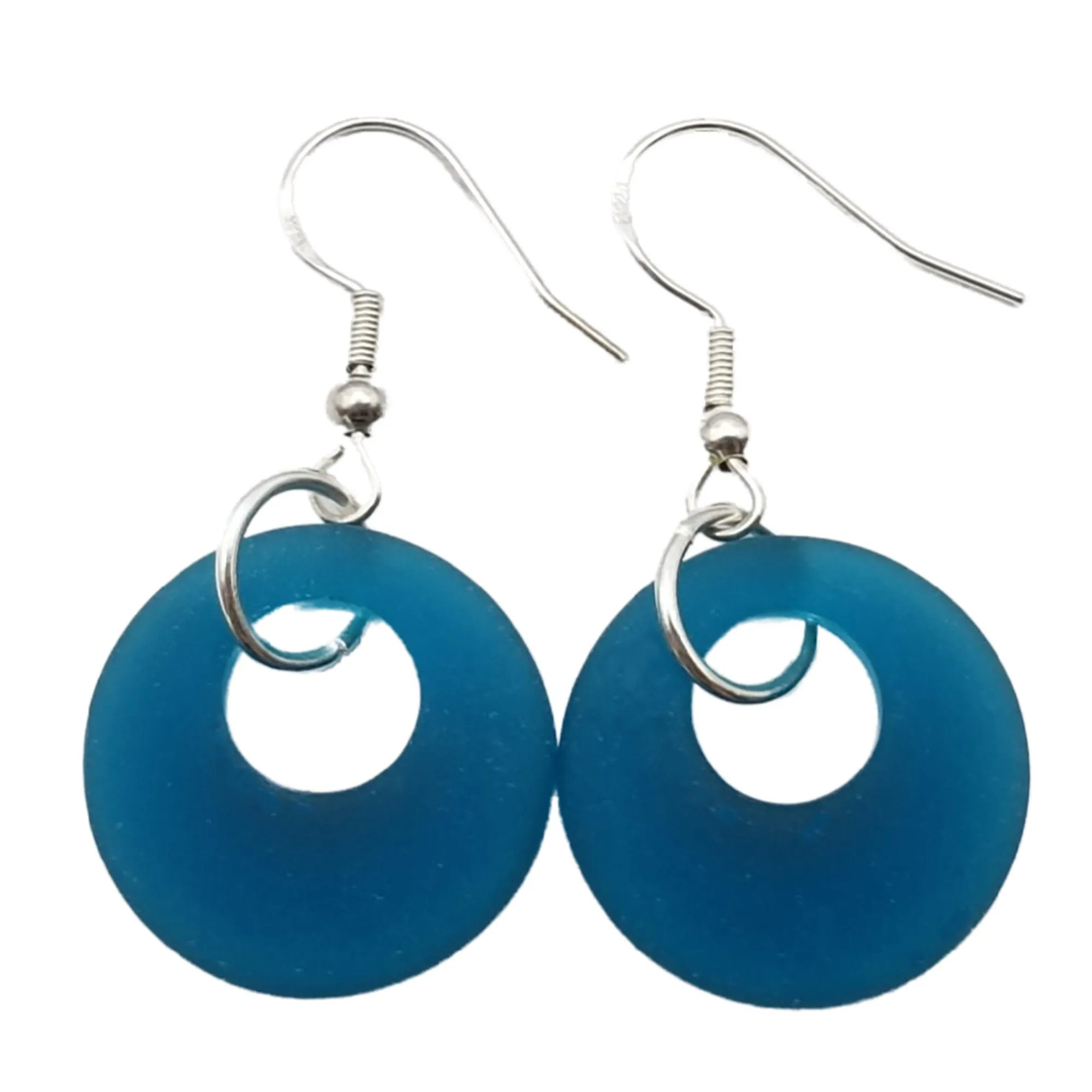 Hawaiian Jewelry Sea Glass Earrings, Circle Minimalist Jewelry Teal Earrings, Beach Sea Glass Birthday Gift
