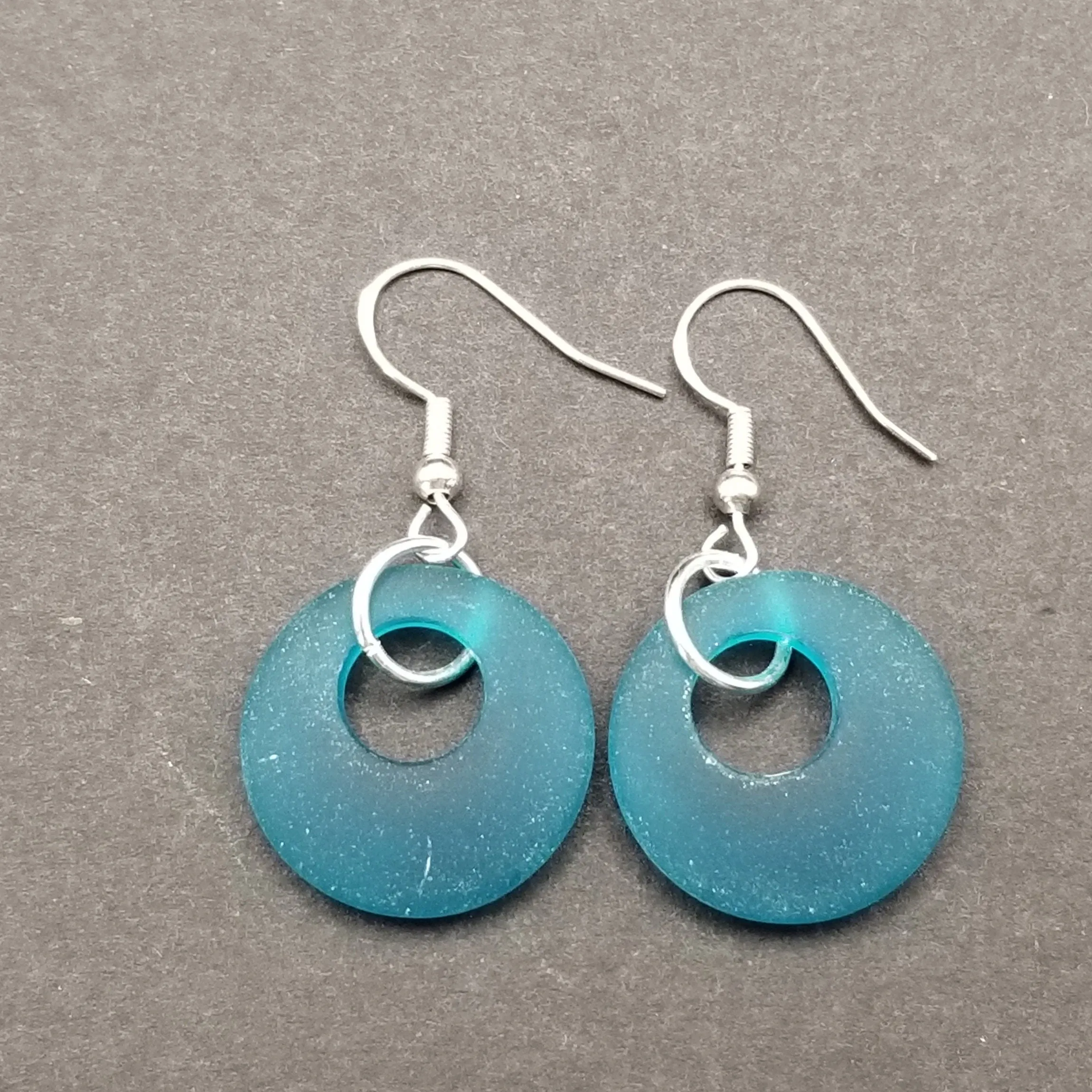 Hawaiian Jewelry Sea Glass Earrings, Circle Minimalist Jewelry Teal Earrings, Beach Sea Glass Birthday Gift