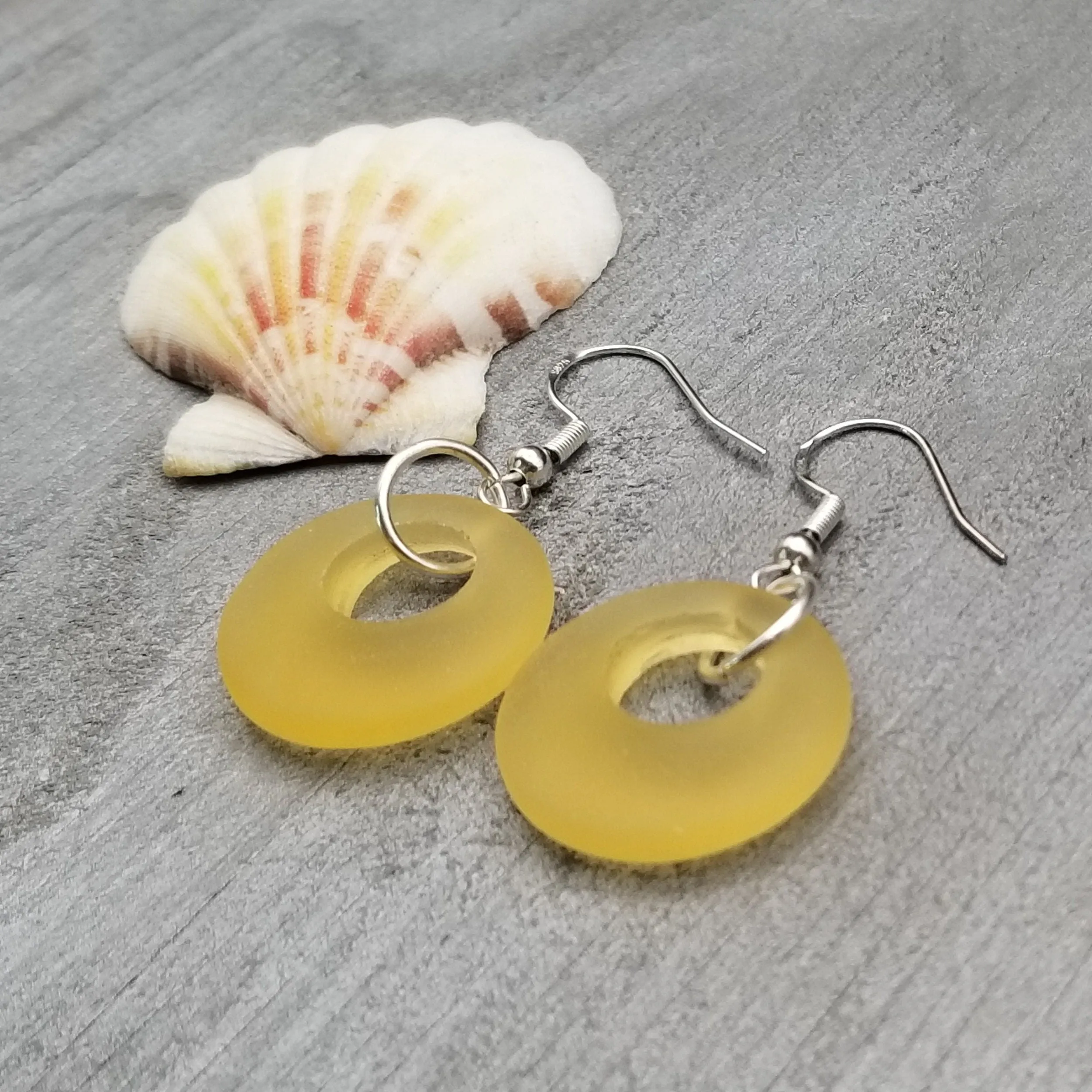 Hawaiian Jewelry Sea Glass Earrings, Circle Minimalist Jewelry Yellow Earrings, Beach Sea Glass Birthday Gift (November Birthstone)