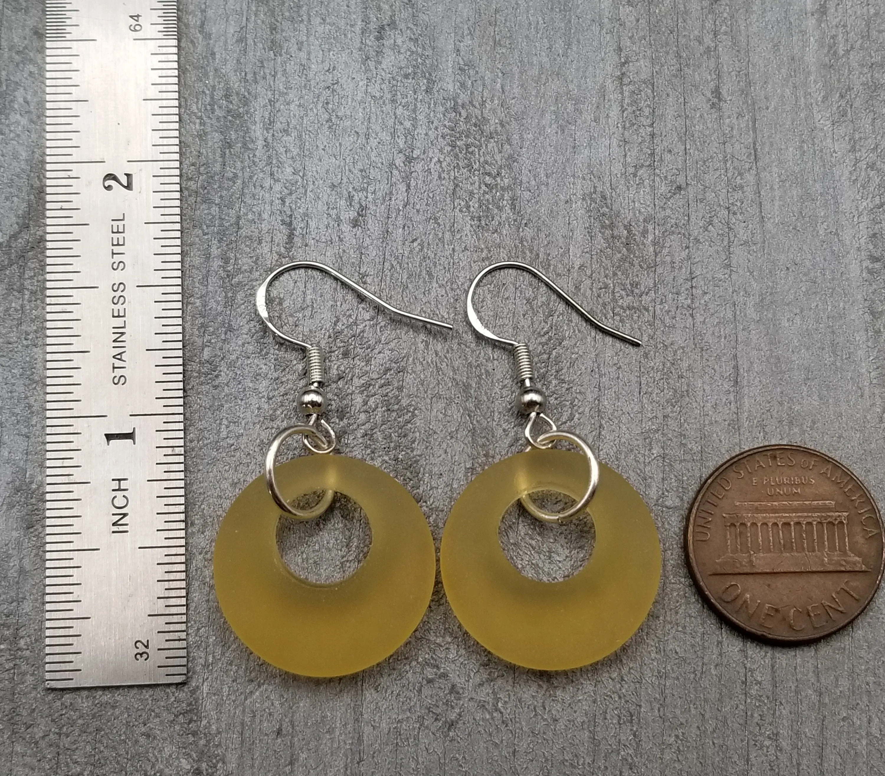 Hawaiian Jewelry Sea Glass Earrings, Circle Minimalist Jewelry Yellow Earrings, Beach Sea Glass Birthday Gift (November Birthstone)