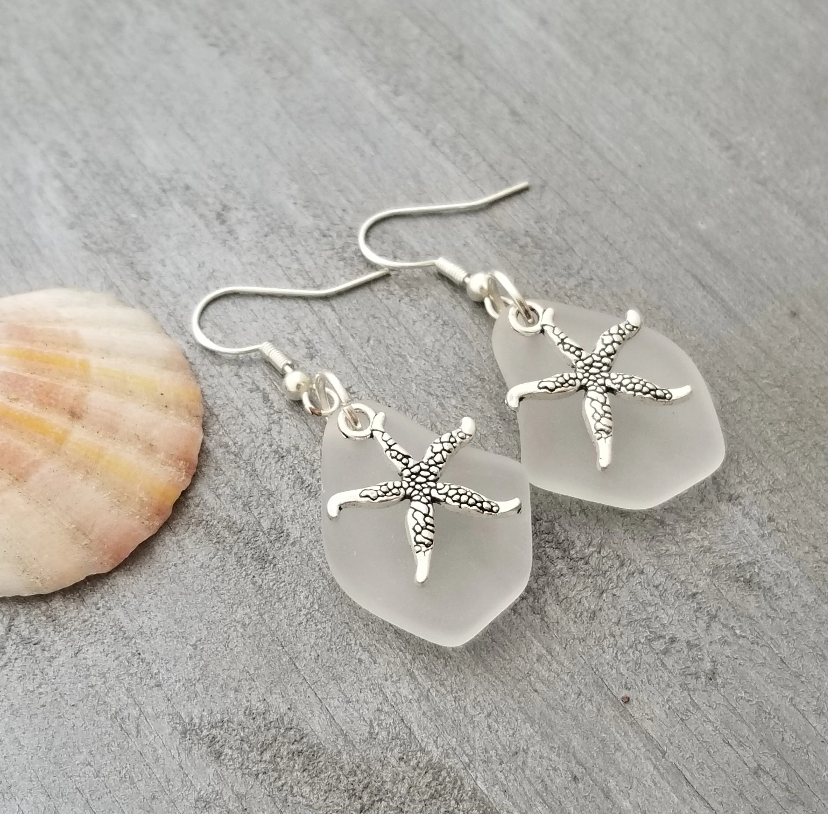 Hawaiian Jewelry Sea Glass Earrings, Crystal Earrings Starfish Earrings, Sea Glass Jewelry Beach Jewelry Birthday Gift (April Birthstone)