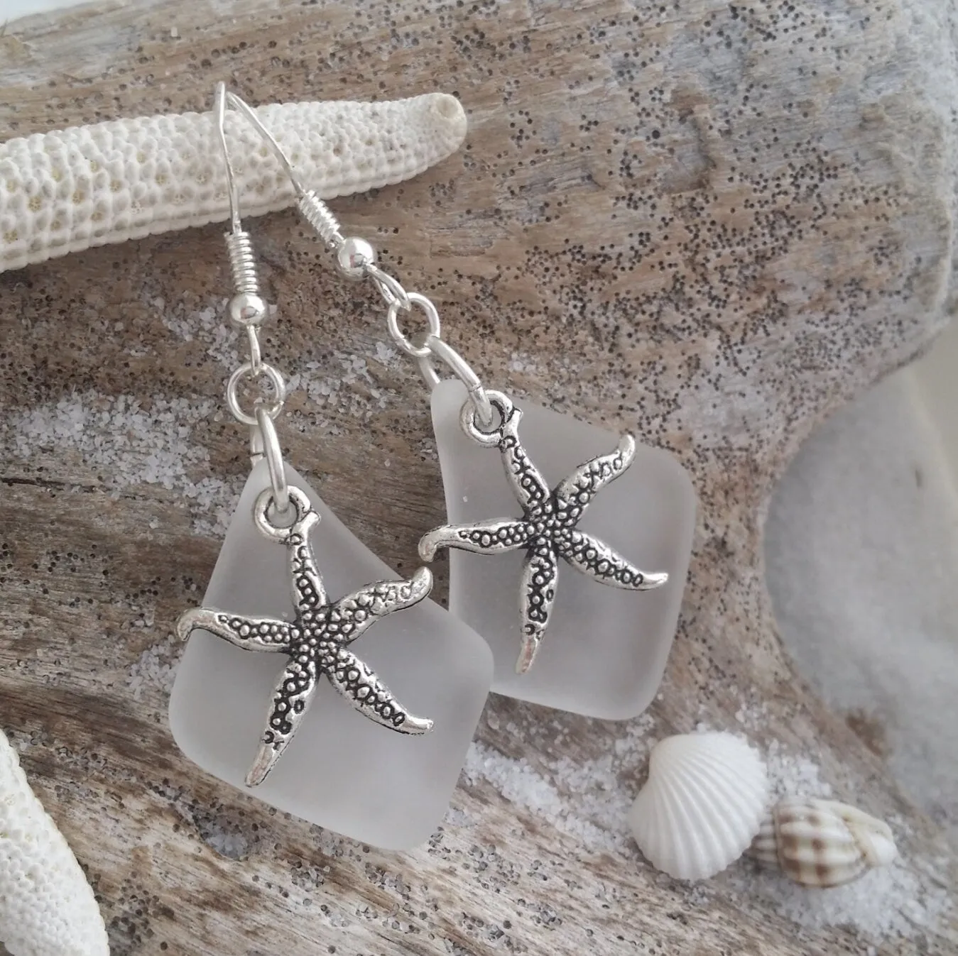 Hawaiian Jewelry Sea Glass Earrings, Crystal Earrings Starfish Earrings, Sea Glass Jewelry Beachy Birthday Gift (April Birthstone Jewelry)