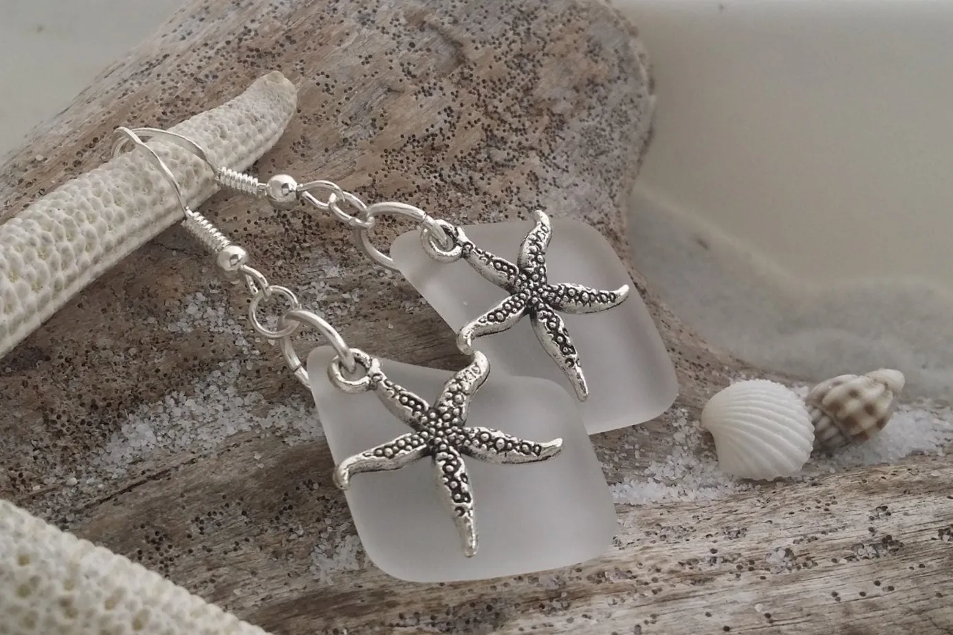 Hawaiian Jewelry Sea Glass Earrings, Crystal Earrings Starfish Earrings, Sea Glass Jewelry Beachy Birthday Gift (April Birthstone Jewelry)