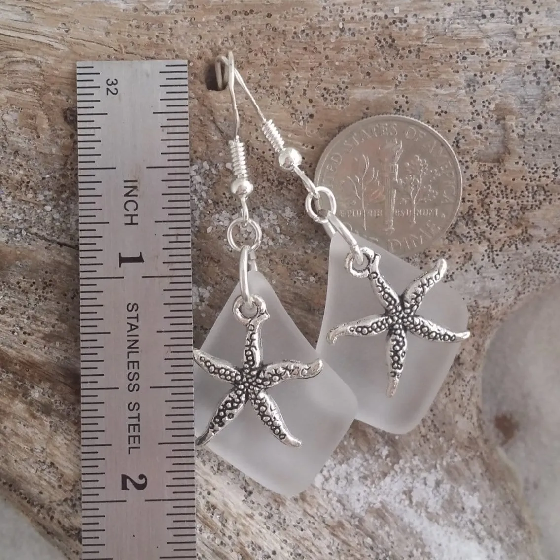 Hawaiian Jewelry Sea Glass Earrings, Crystal Earrings Starfish Earrings, Sea Glass Jewelry Beachy Birthday Gift (April Birthstone Jewelry)