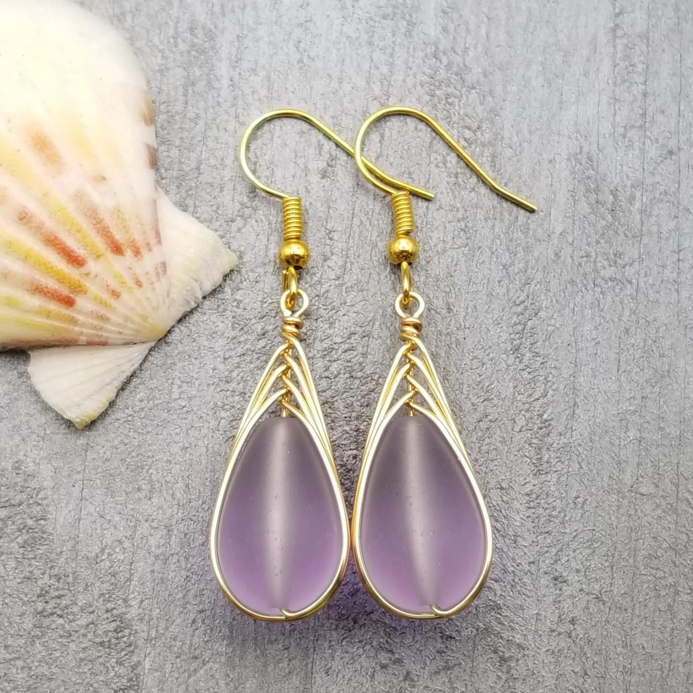 Hawaiian Jewelry Sea Glass Earrings, Gold Braided "Magical Color Changing" Purple Earrings, Beach Jewelry (February Birthstone Jewelry)