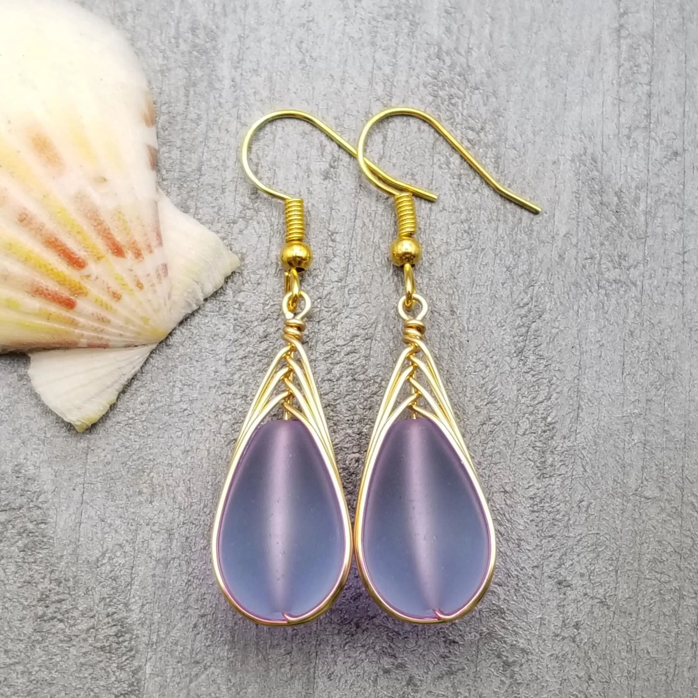 Hawaiian Jewelry Sea Glass Earrings, Gold Braided "Magical Color Changing" Purple Earrings, Beach Jewelry (February Birthstone Jewelry)