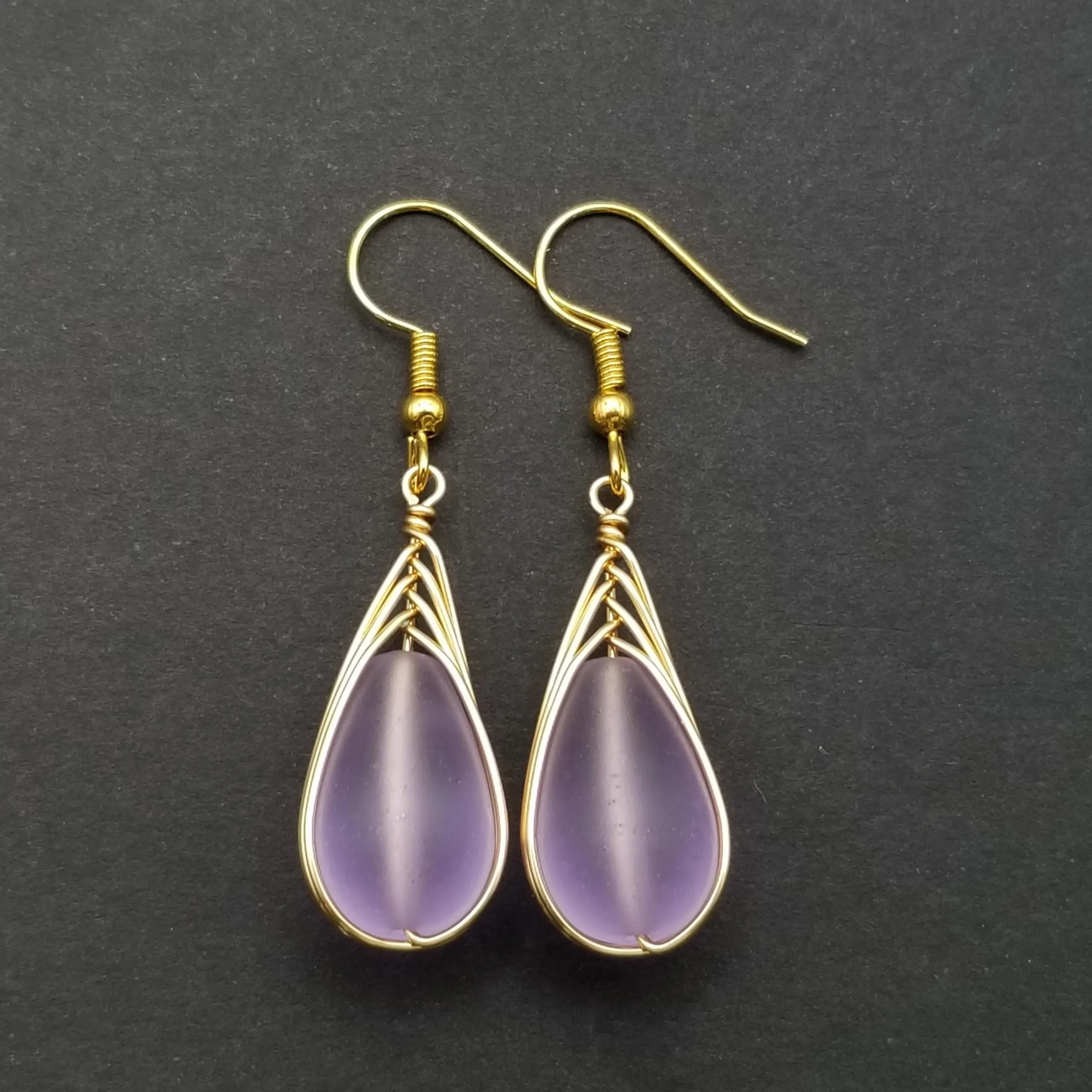 Hawaiian Jewelry Sea Glass Earrings, Gold Braided "Magical Color Changing" Purple Earrings, Beach Jewelry (February Birthstone Jewelry)