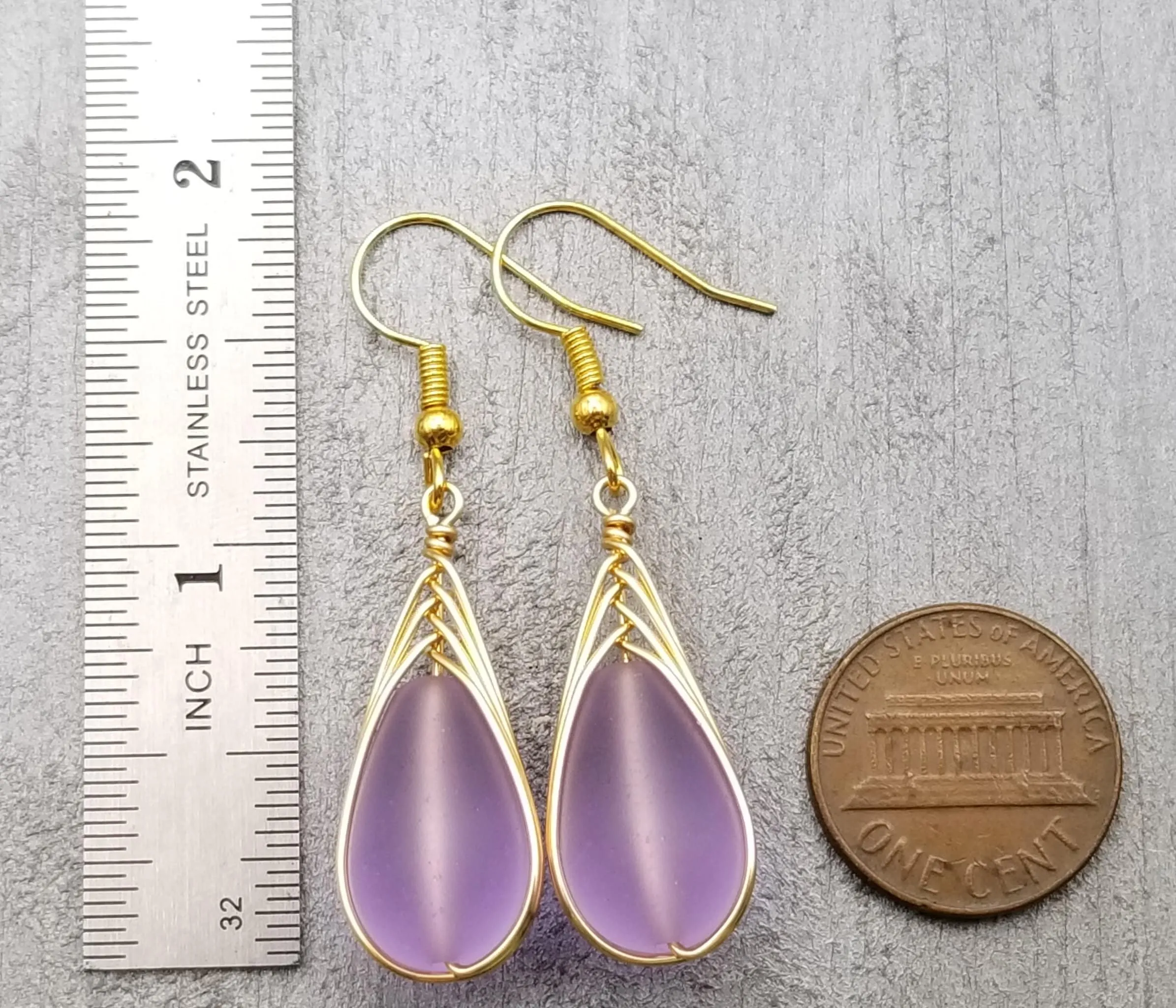 Hawaiian Jewelry Sea Glass Earrings, Gold Braided "Magical Color Changing" Purple Earrings, Beach Jewelry (February Birthstone Jewelry)