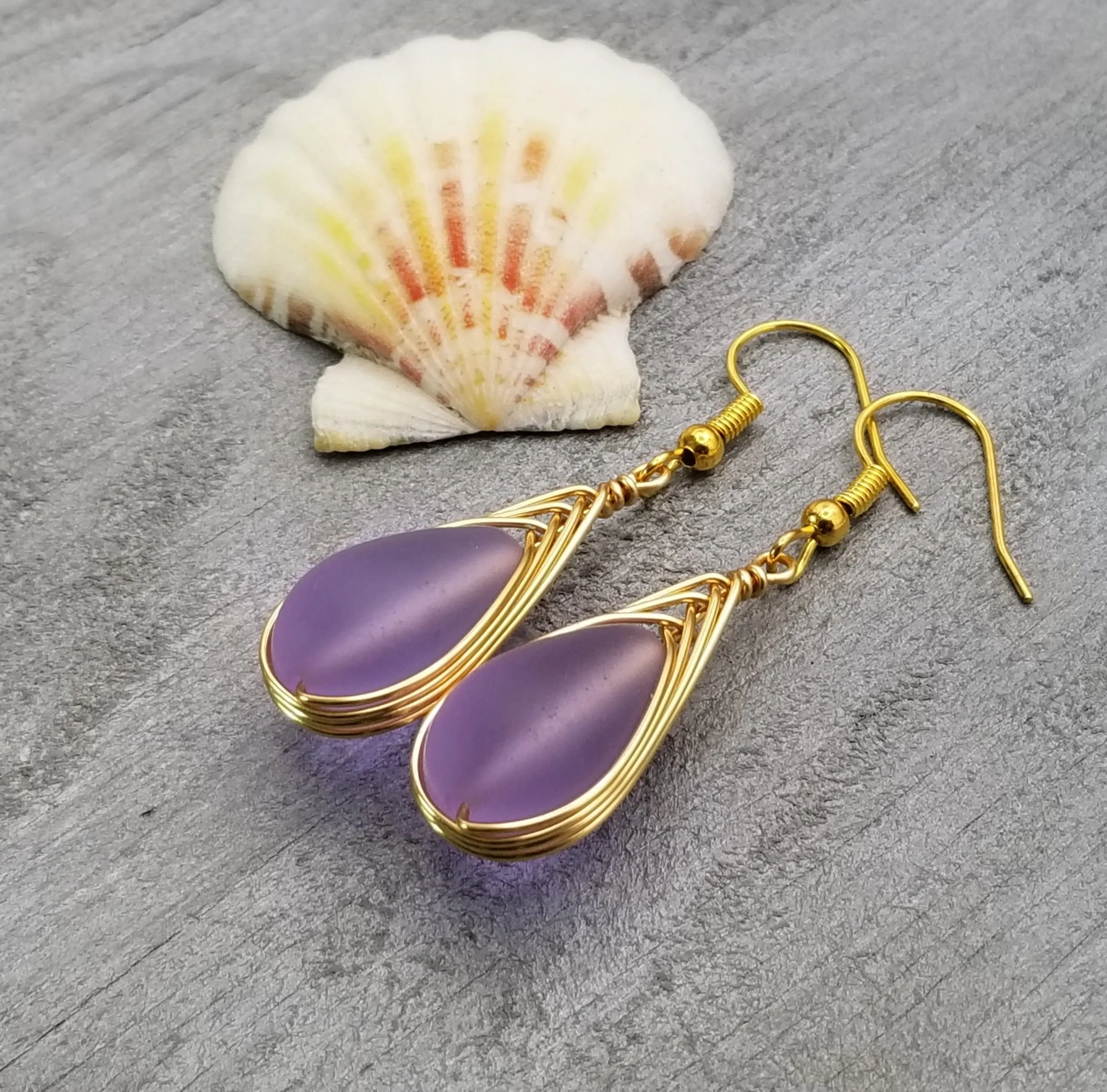 Hawaiian Jewelry Sea Glass Earrings, Gold Braided "Magical Color Changing" Purple Earrings, Beach Jewelry (February Birthstone Jewelry)