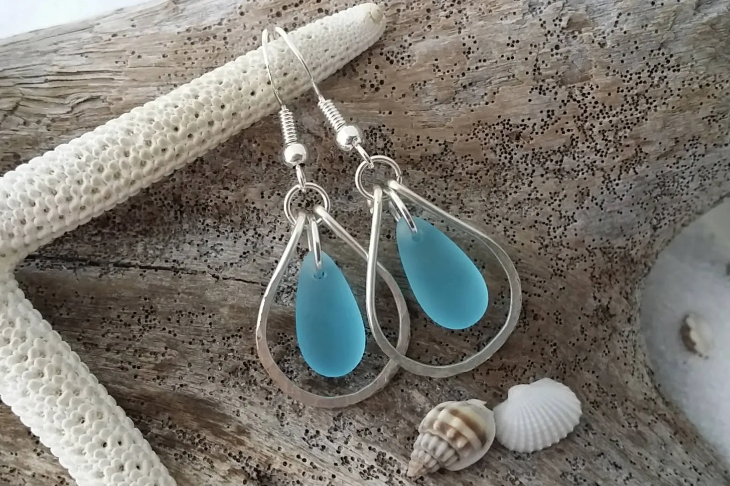 Hawaiian Jewelry Sea Glass Earrings, Hammered Wire Loop Turquoise Earrings Blue Earrings, Sea Glass Jewelry (December Birthstone Jewelry)