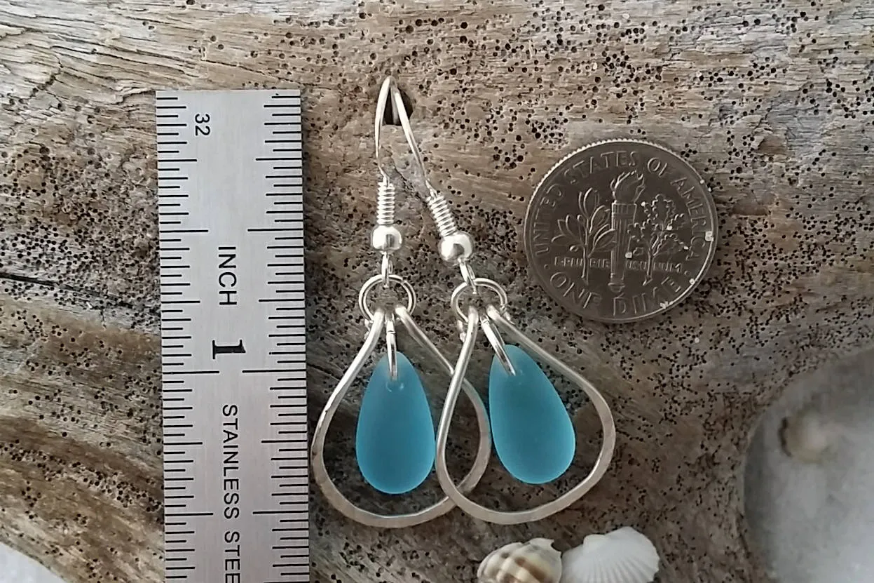 Hawaiian Jewelry Sea Glass Earrings, Hammered Wire Loop Turquoise Earrings Blue Earrings, Sea Glass Jewelry (December Birthstone Jewelry)