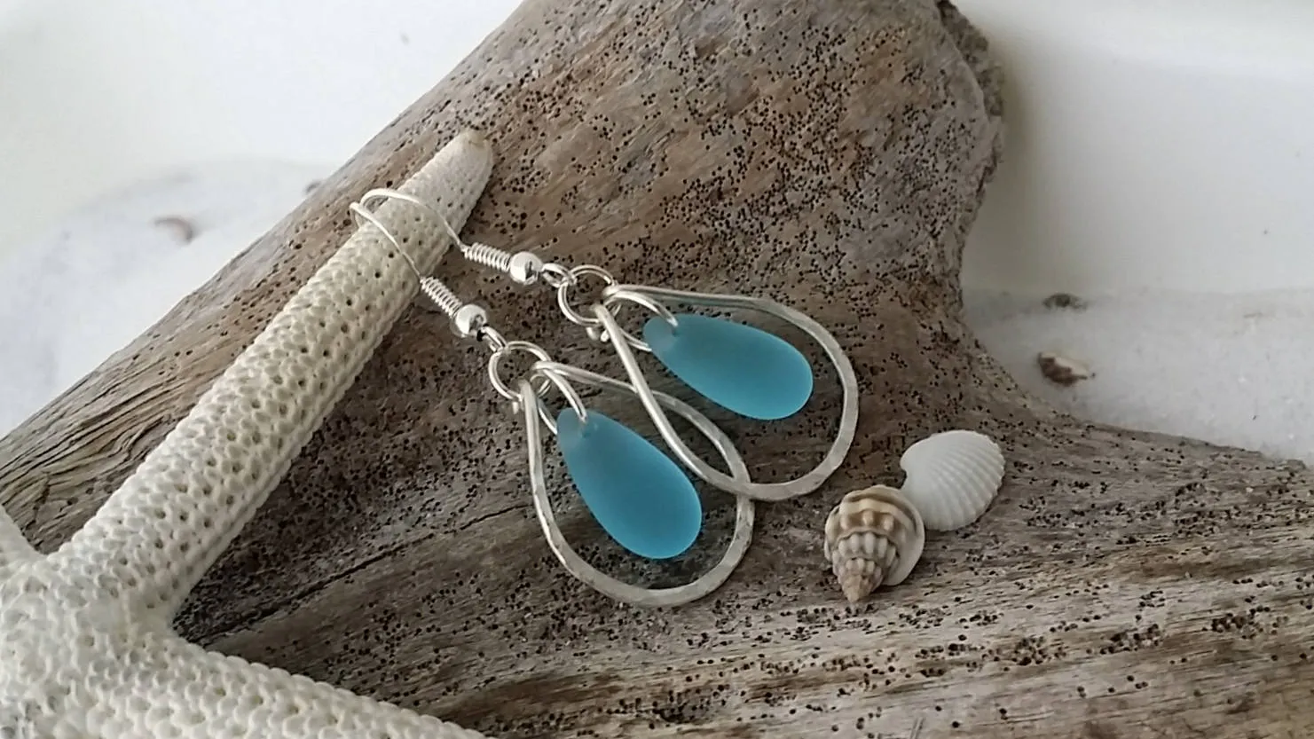 Hawaiian Jewelry Sea Glass Earrings, Hammered Wire Loop Turquoise Earrings Blue Earrings, Sea Glass Jewelry (December Birthstone Jewelry)