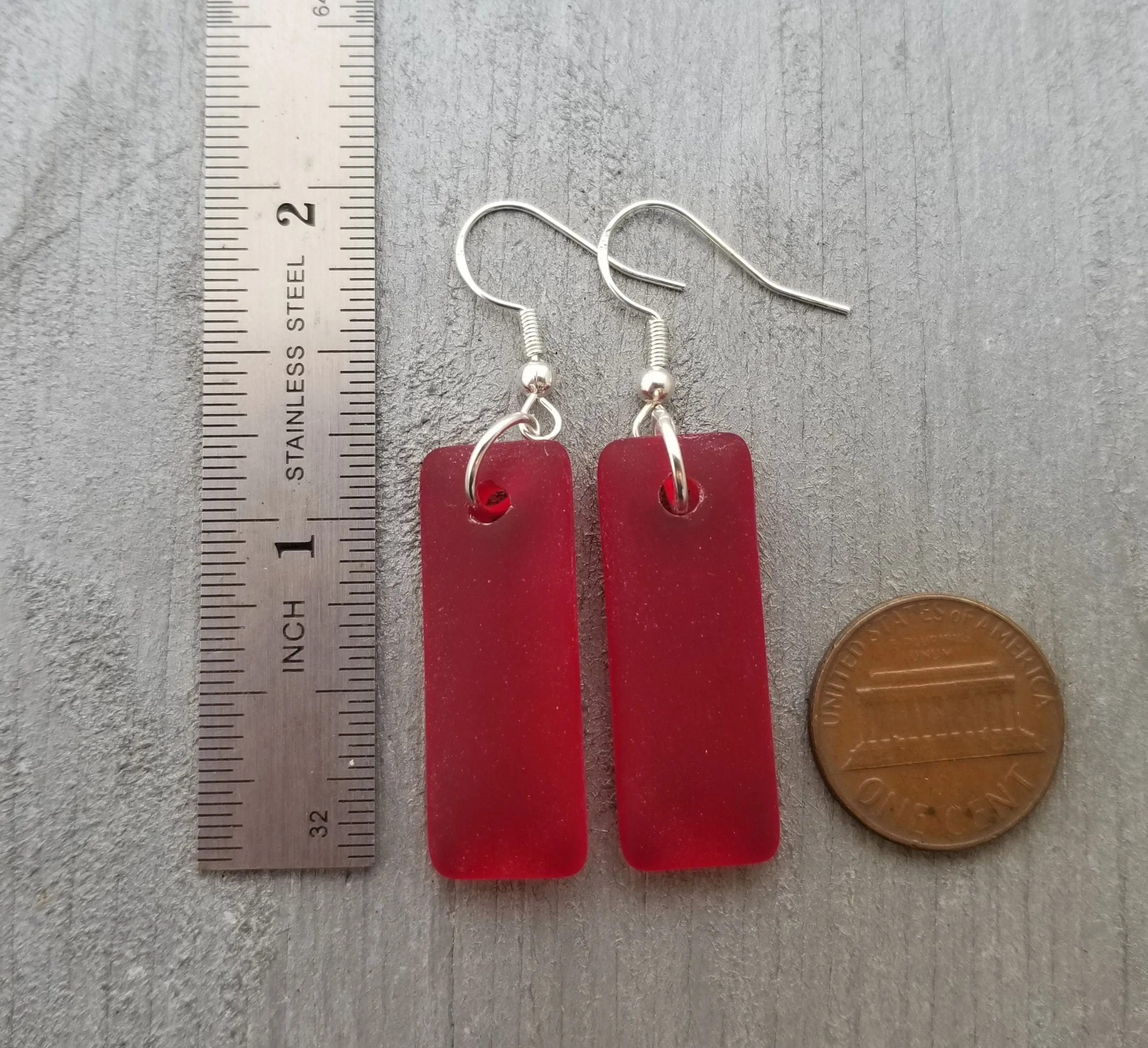 Hawaiian Jewelry Sea Glass Earrings, Rectangle Minimalist Earrings Ruby Red Earrings, Sea Glass Jewelry Birthday Gift (July Birthstone)