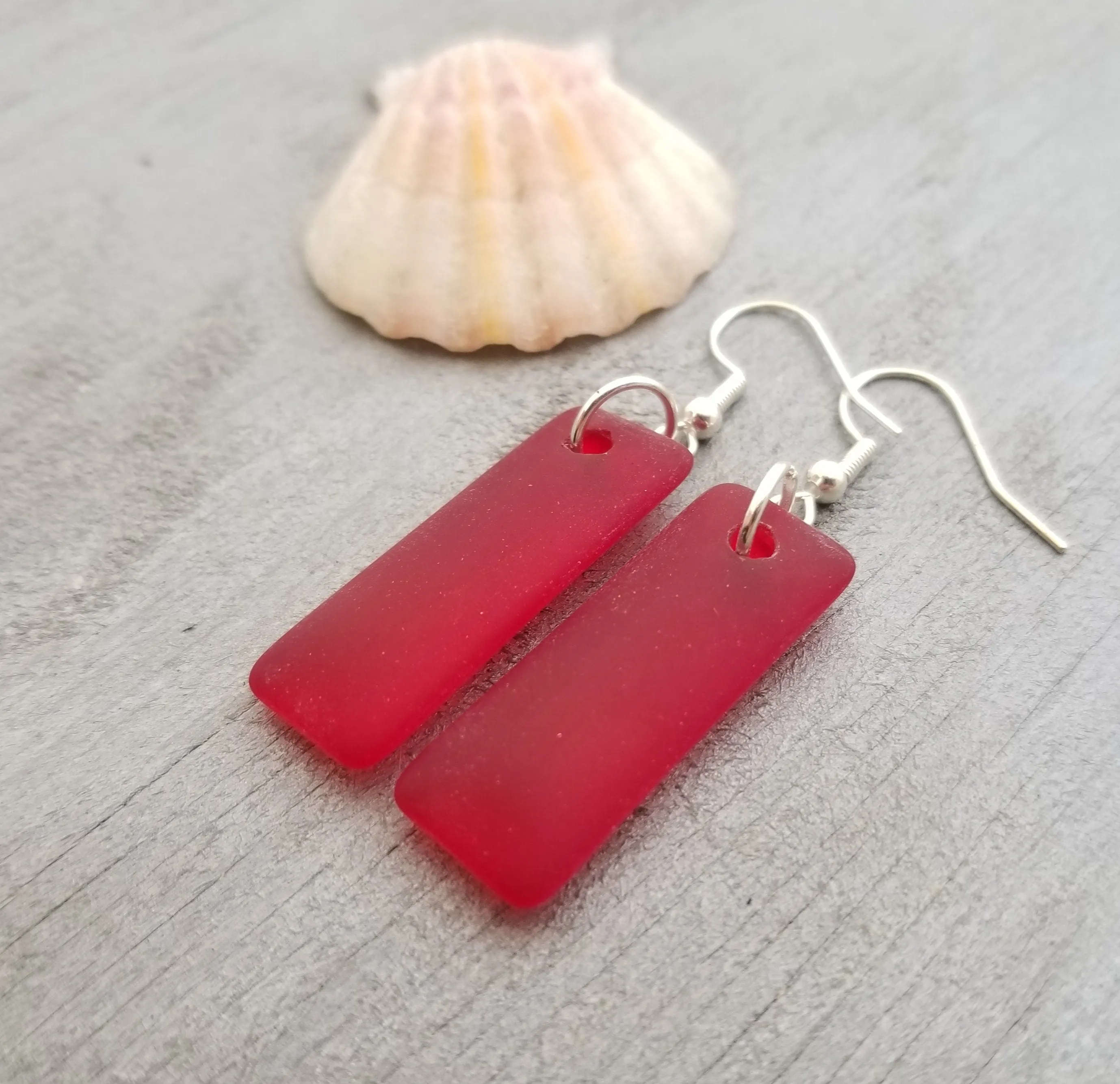 Hawaiian Jewelry Sea Glass Earrings, Rectangle Minimalist Earrings Ruby Red Earrings, Sea Glass Jewelry Birthday Gift (July Birthstone)