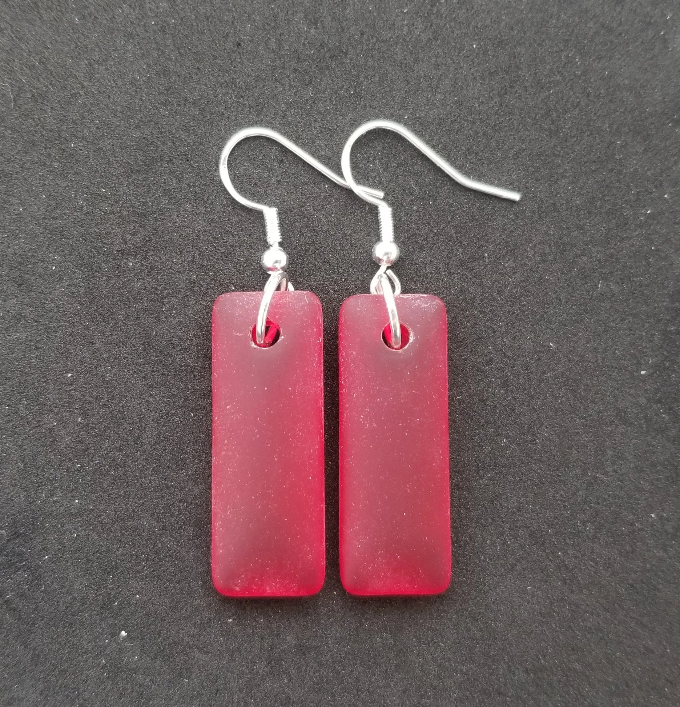 Hawaiian Jewelry Sea Glass Earrings, Rectangle Minimalist Earrings Ruby Red Earrings, Sea Glass Jewelry Birthday Gift (July Birthstone)