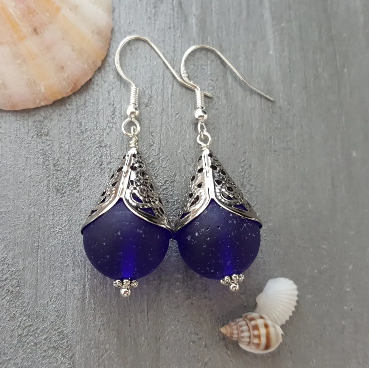 Hawaiian Jewelry Sea Glass Earrings, Retro Style Cobalt Blue Earrings, Sea Glass Jewelry Beach Earrings Birthday Gift (September Birthstone)