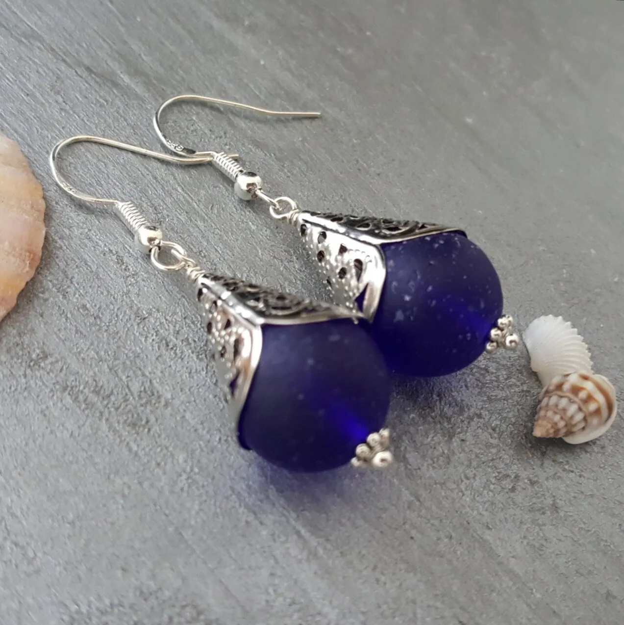 Hawaiian Jewelry Sea Glass Earrings, Retro Style Cobalt Blue Earrings, Sea Glass Jewelry Beach Earrings Birthday Gift (September Birthstone)