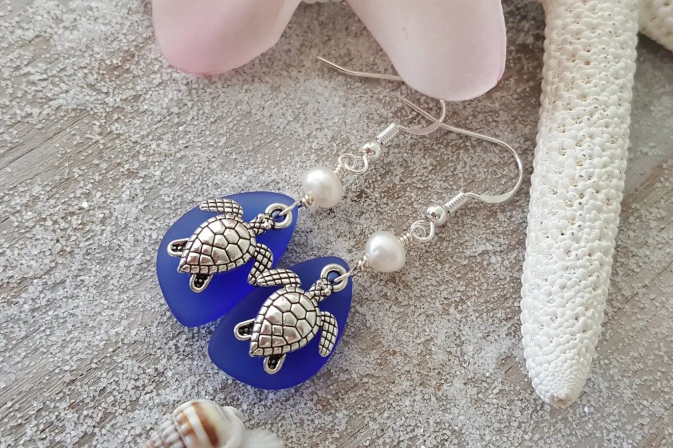 Hawaiian Jewelry Sea Glass Earrings, Twin Turtle Earrings Cobalt Blue Earrings, Pearl Sea Glass Jewelry Beach Earrings(September Birthstone)