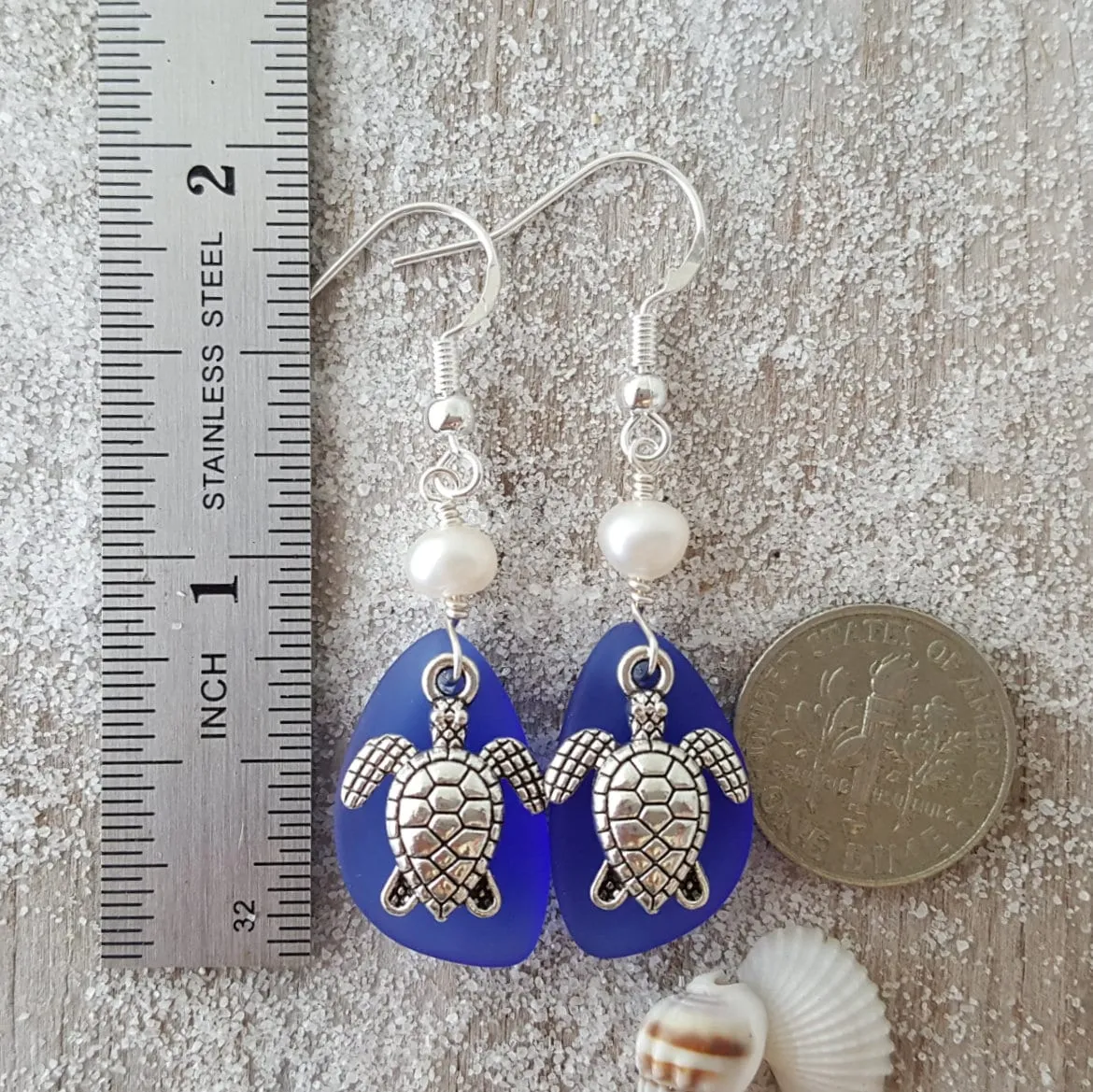 Hawaiian Jewelry Sea Glass Earrings, Twin Turtle Earrings Cobalt Blue Earrings, Pearl Sea Glass Jewelry Beach Earrings(September Birthstone)