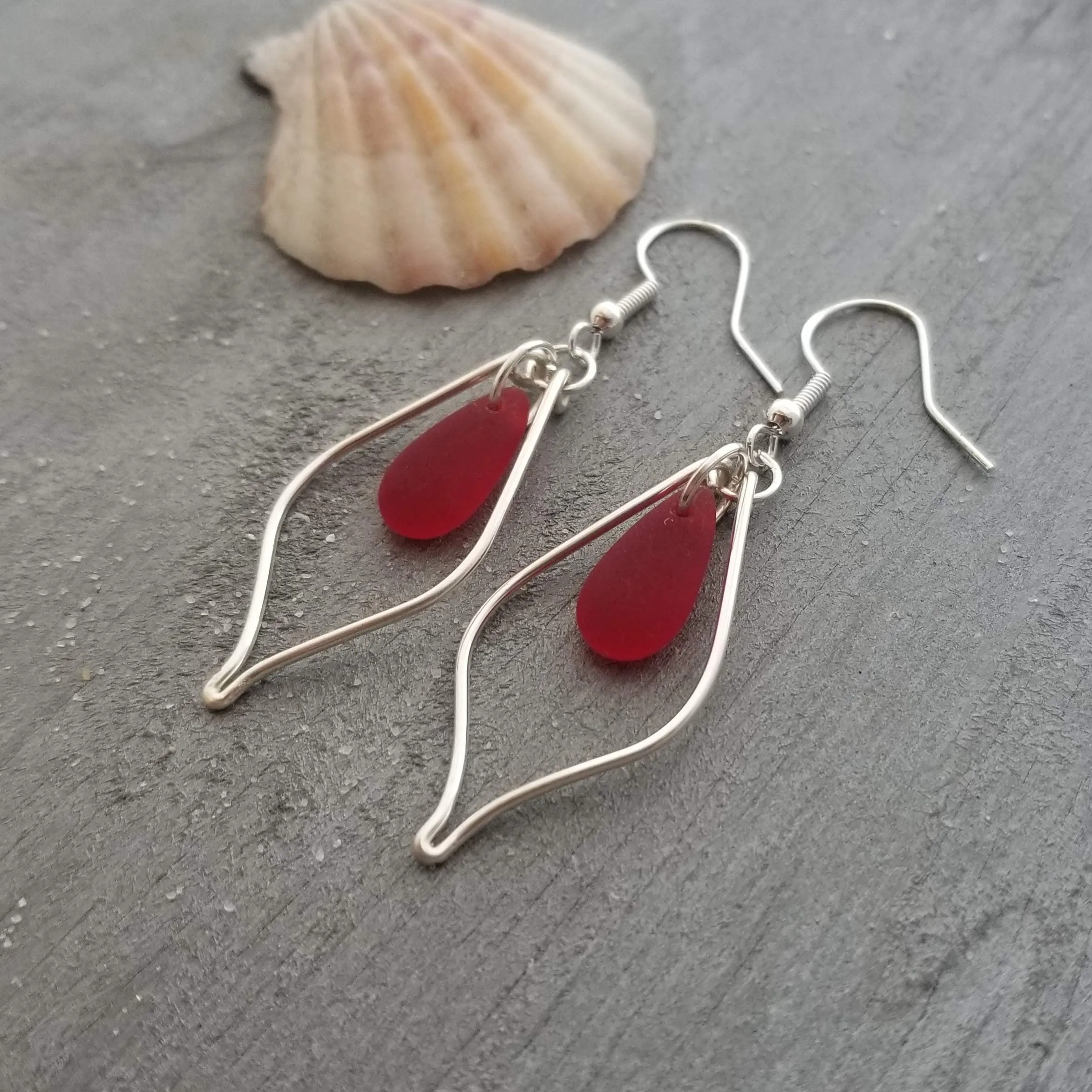Hawaiian Jewelry Sea Glass Earrings, Wire Loop Red Earrings, Sea Glass Jewelry Beach Jewelry,  Birthday Gift (January Birthstone Jewelry)
