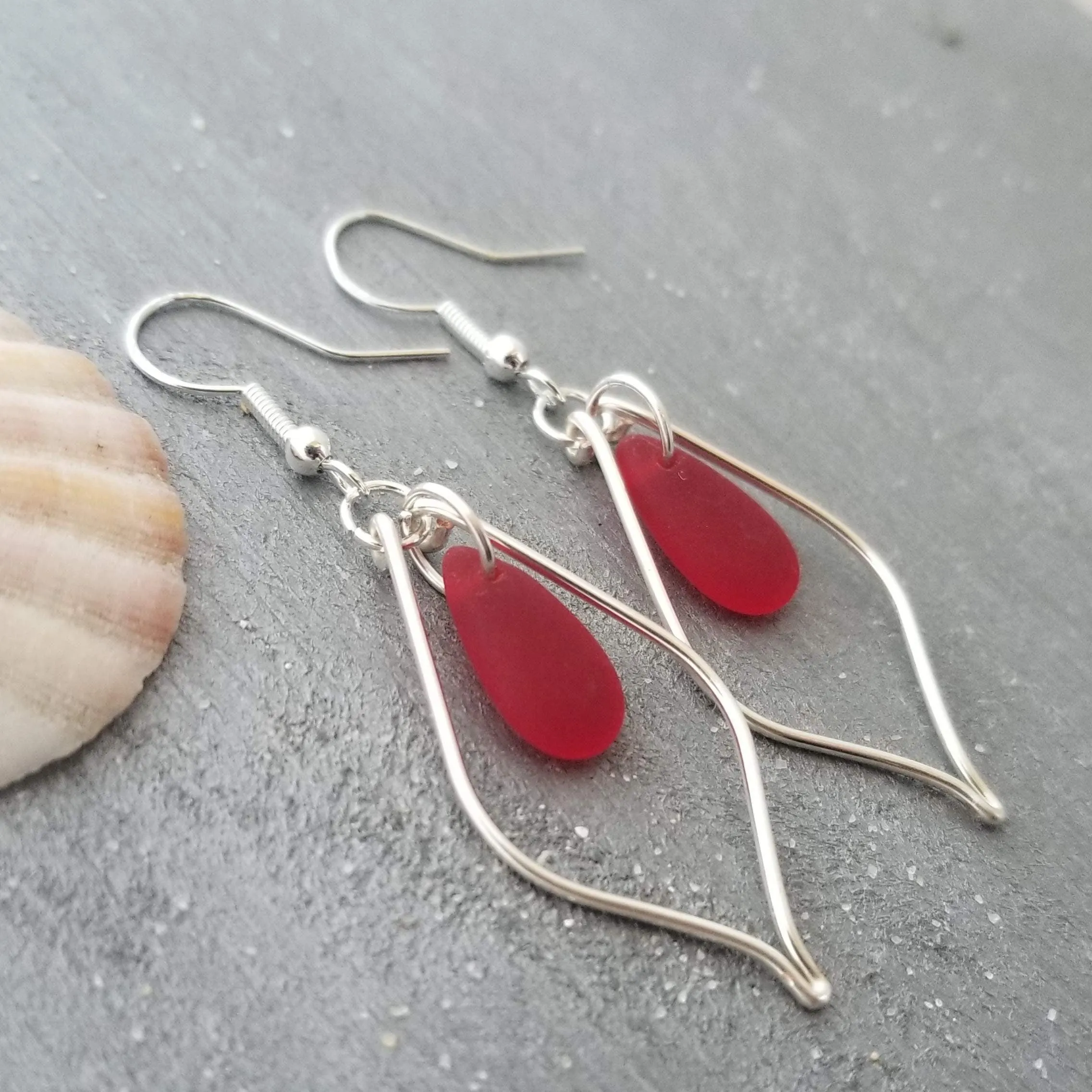 Hawaiian Jewelry Sea Glass Earrings, Wire Loop Red Earrings, Sea Glass Jewelry Beach Jewelry,  Birthday Gift (January Birthstone Jewelry)