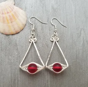 Hawaiian Jewelry Sea Glass Earrings, Wire "Cat Eye" Ruby Red Earrings, Beachy Girls Sea Glass Jewelry Birthday Gift(July Birthstone Jewelry)