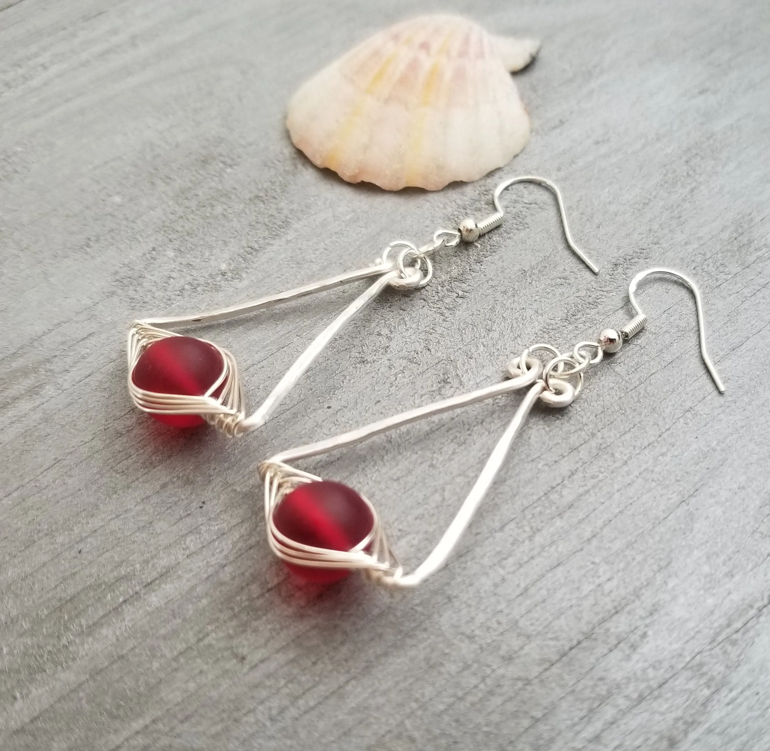 Hawaiian Jewelry Sea Glass Earrings, Wire "Cat Eye" Ruby Red Earrings, Beachy Girls Sea Glass Jewelry Birthday Gift(July Birthstone Jewelry)