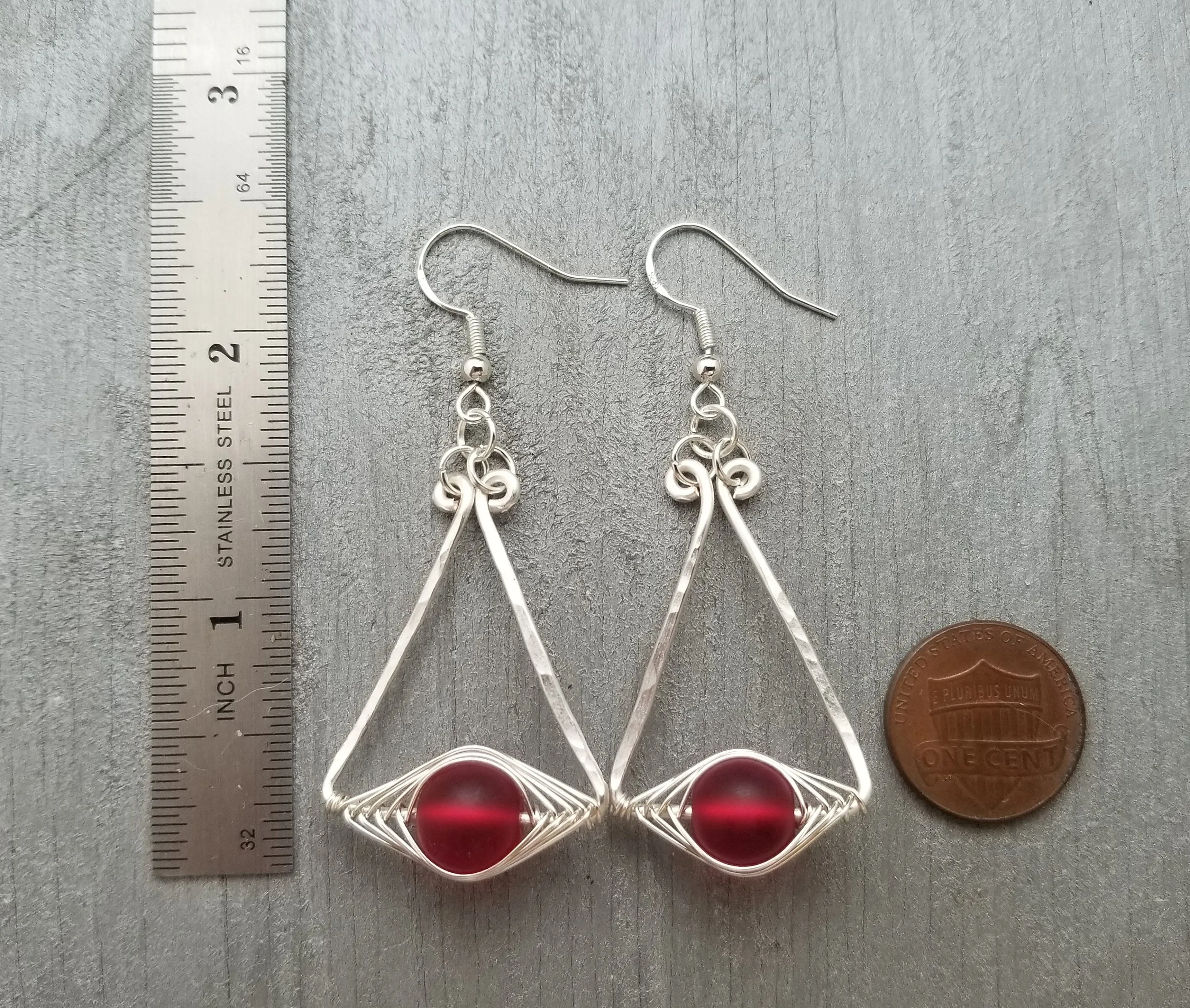 Hawaiian Jewelry Sea Glass Earrings, Wire "Cat Eye" Ruby Red Earrings, Beachy Girls Sea Glass Jewelry Birthday Gift(July Birthstone Jewelry)